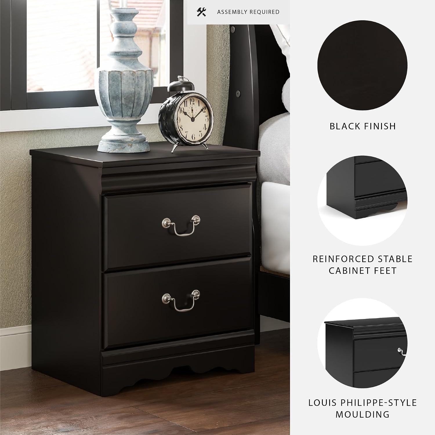 Signature Design by Ashley Huey Vineyard Traditional 2 Drawer Nightstand, Louis Phillippe Styling, Pewter Colored Handles, Shapely Mouldings, Smooth Operating Drawers, 24.45' Tall, Black
