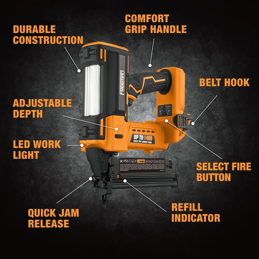 Freeman PE20VT2118 20 Volt Cordless 2-in-1 18-Gauge Nailer/Stapler (Tool Only) – 1400 Shots per Charge
