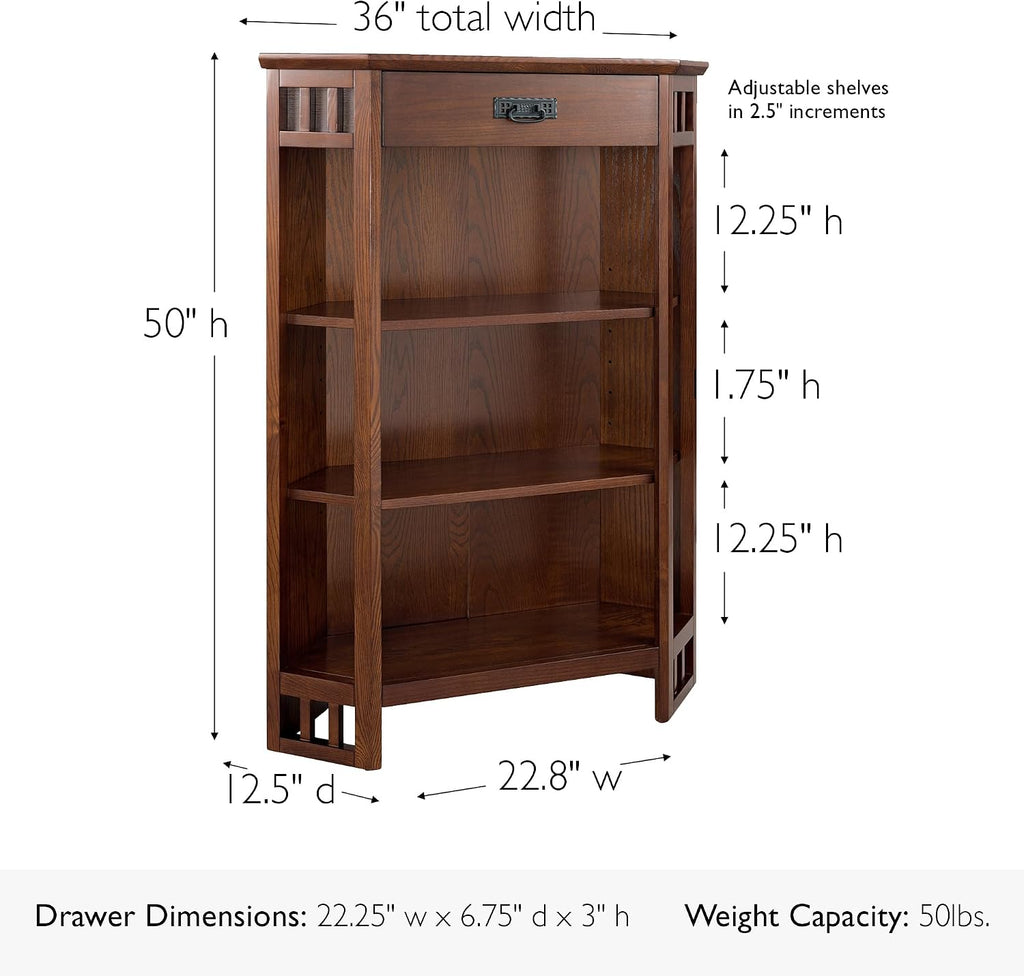 Leick Home 82263 Mission Mantel Height Corner Bookcase with Drawer Storage, Made with Solid Wood, for Entryway, Living Rooms, Home Office, Mission Oak Finish