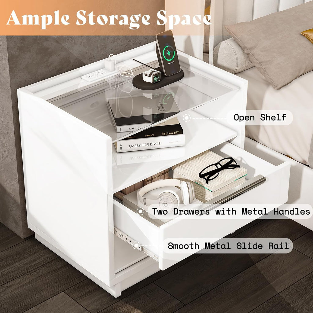 AMERLIFE High Gloss Dresser Set, 3 Piece Bedroom Furniture Set, 8 Drawer Dresser with LED Light & 2 Nightstands with Charging Station, Modern UV Finish, Bedroom Storage Organizer, White