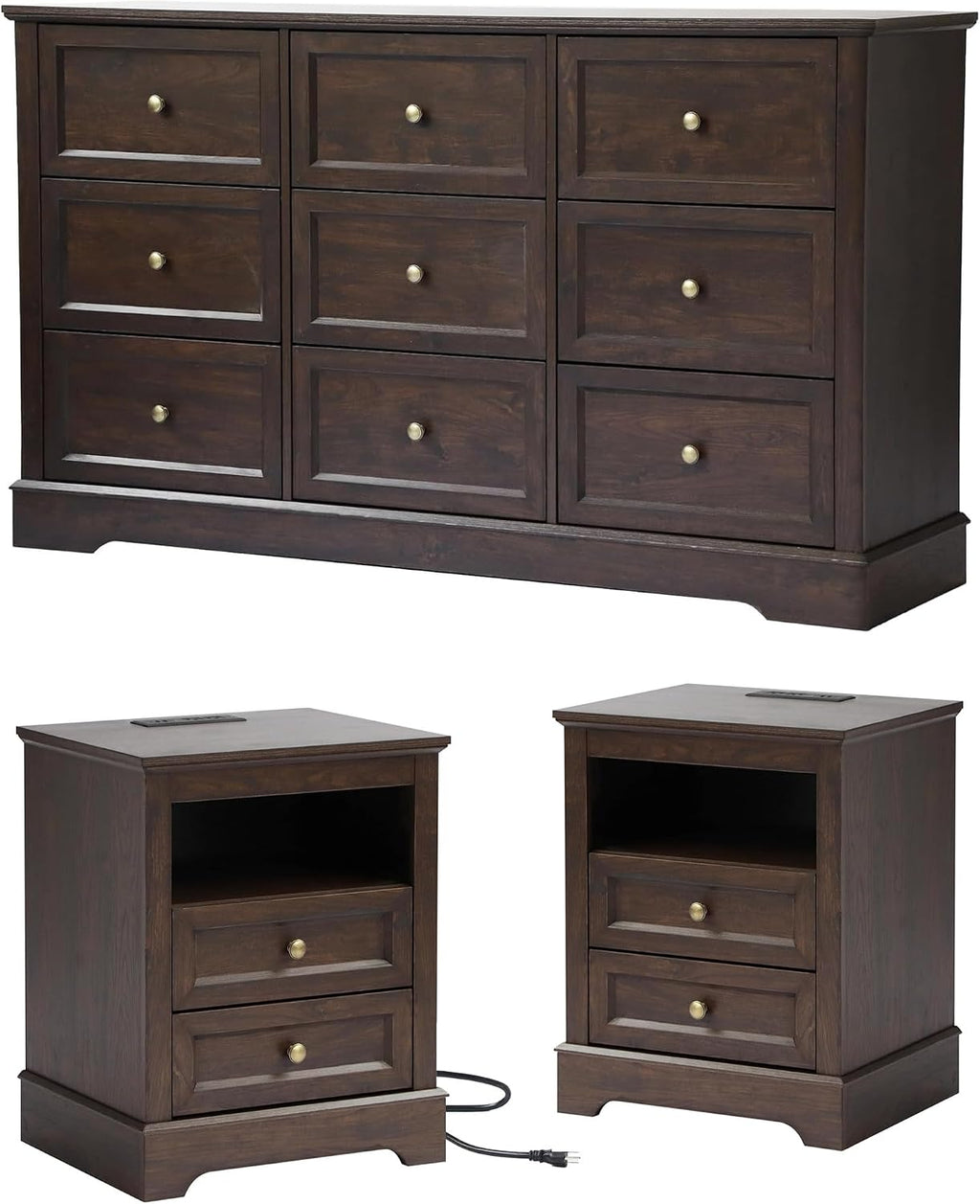 LOUVIXA Bedroom Sets, Include 9 Drawer Dresser, and Nightstand Set of 2 with Charging Station (Brown Sets, 3 Pieces)