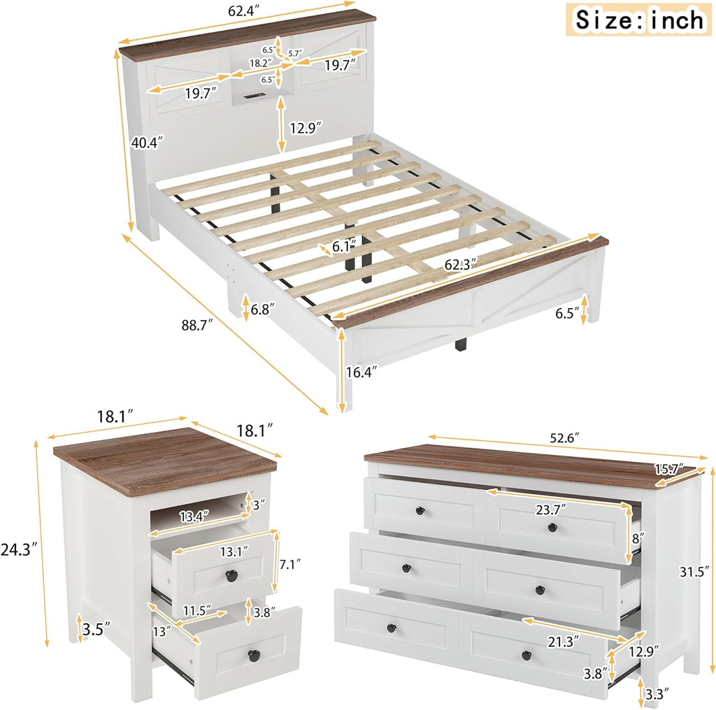 LUMISOL 3-Piece Queen Size Bedroom Set, Wood Platform Bed with Barn Door Storage Headboard & Charging Stations, Nightstand and Dresser, Farmhouse Bedroom Furniture Set, White