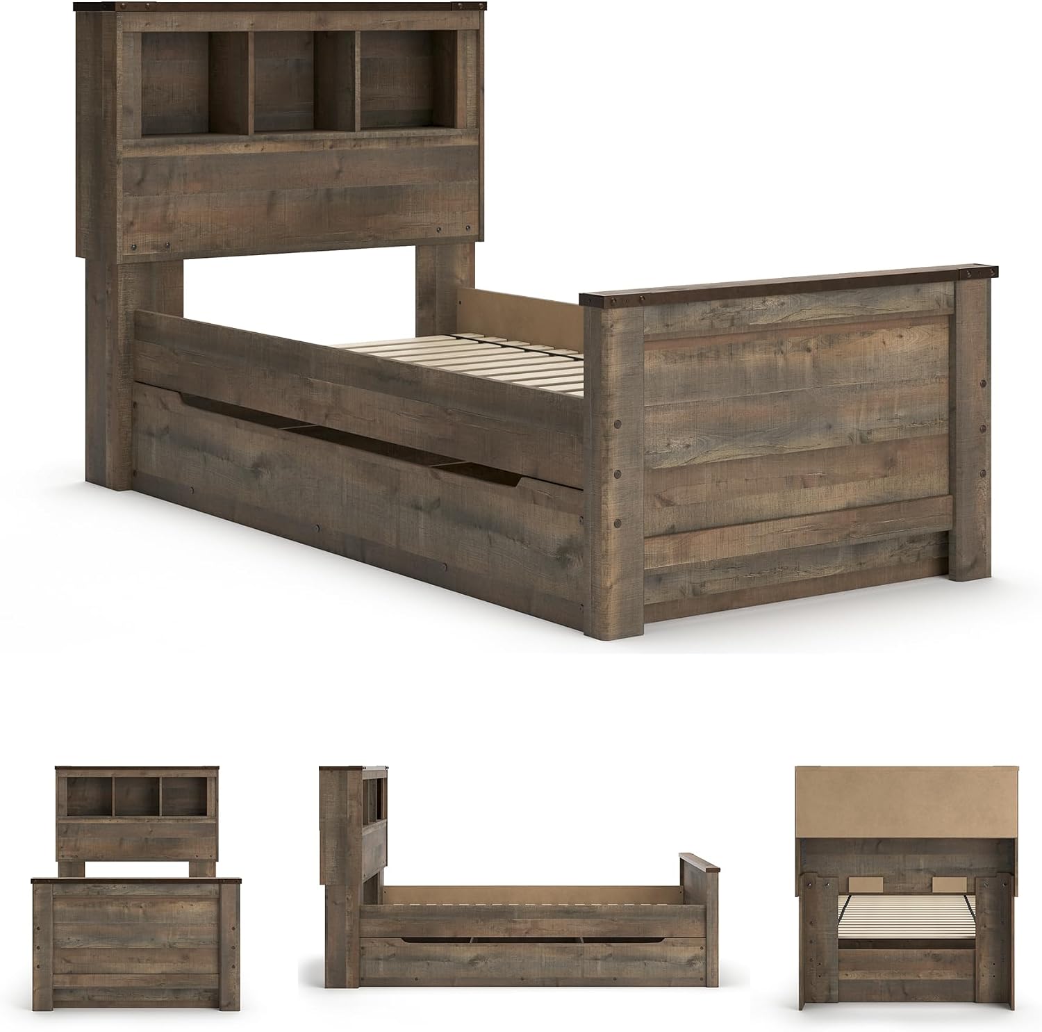 Signature Design by Ashley Trinell Casual Twin Bookcase Platform Bed with 1 Large Storage Drawer and Nailheads, Foundation or Box Spring Not Needed, Dark Brown