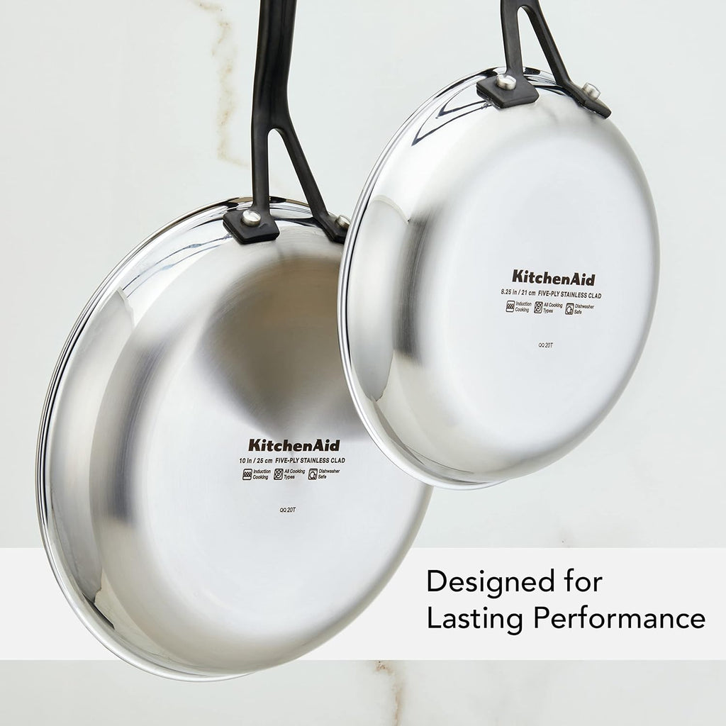 KitchenAid 30051 5-Ply Clad Polished Stainless Steel Frying Pan Set/Skillets, 8.25 Inch and 10 Inch - Polished Stainless Steel