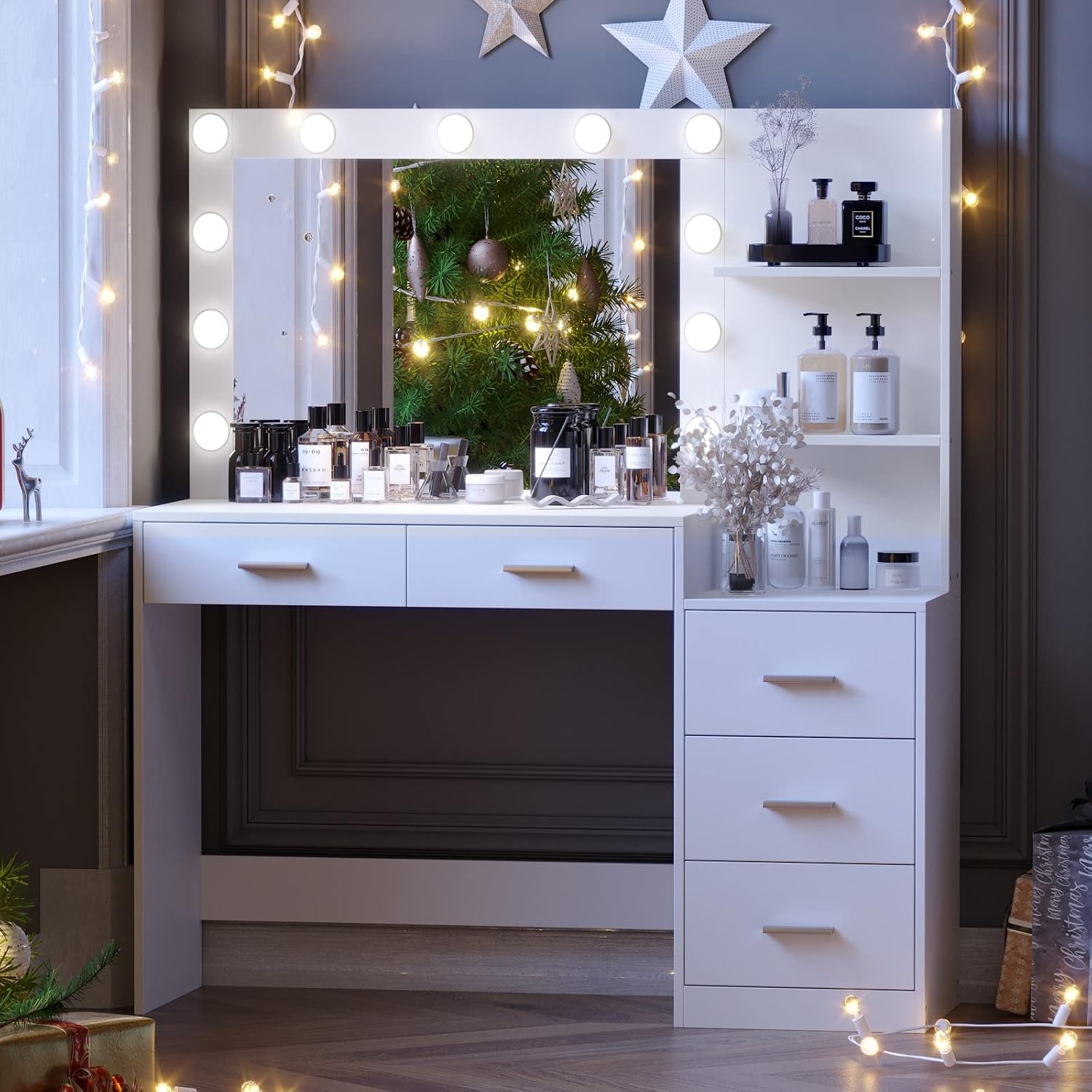 Rovaurx 46.7' Makeup Vanity Table with Lighted Mirror, Large Vanity Desk with Storage Shelf & 5 Drawers, Bedroom Dressing Table, 11 LED Lights, White