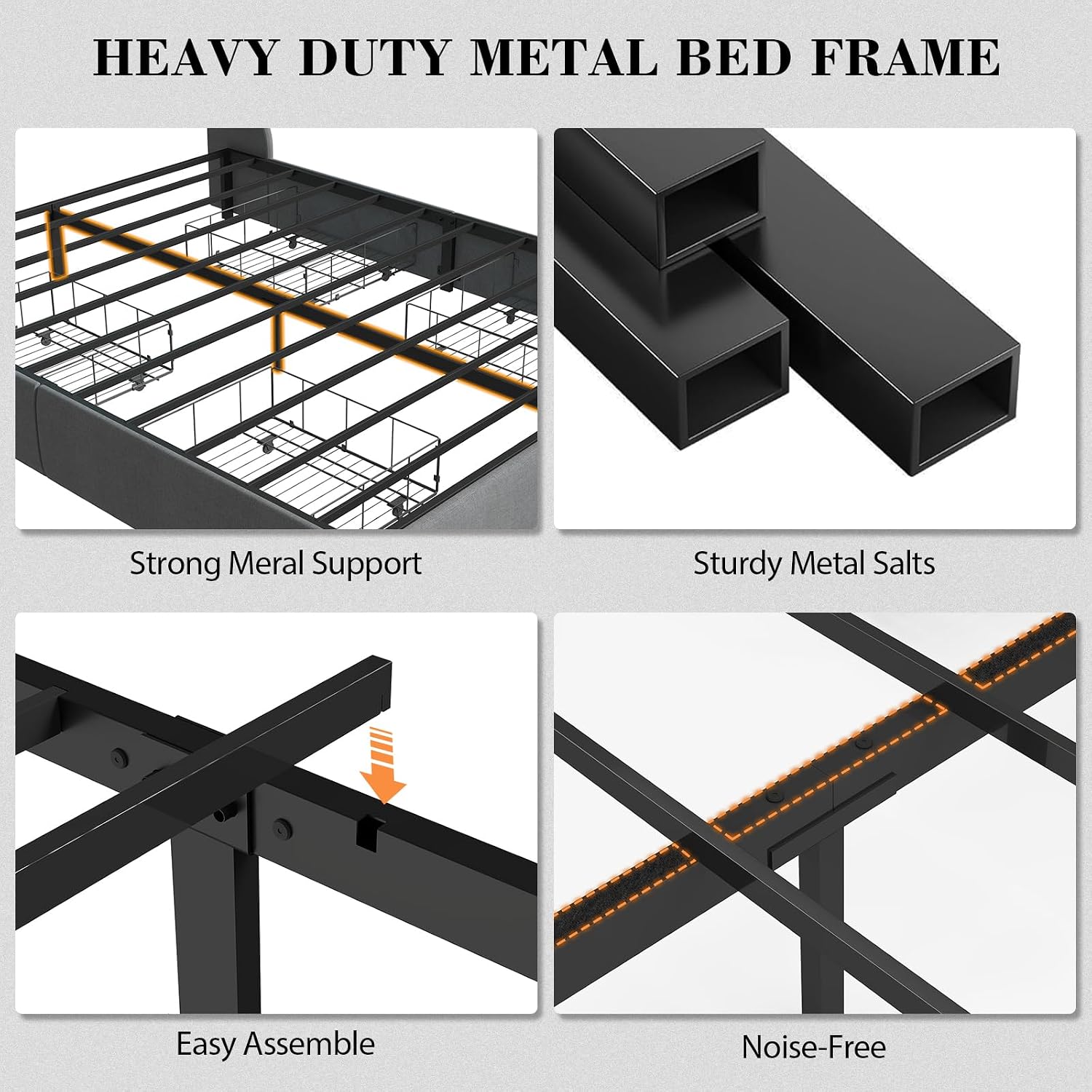Doltoro King Size Platform Bed Frame with 4 Storage Drawers and LED Headboard, Upholstered King Metal Bed with Charging Station, No Box Spring Needed, Easy Assembly, Gray