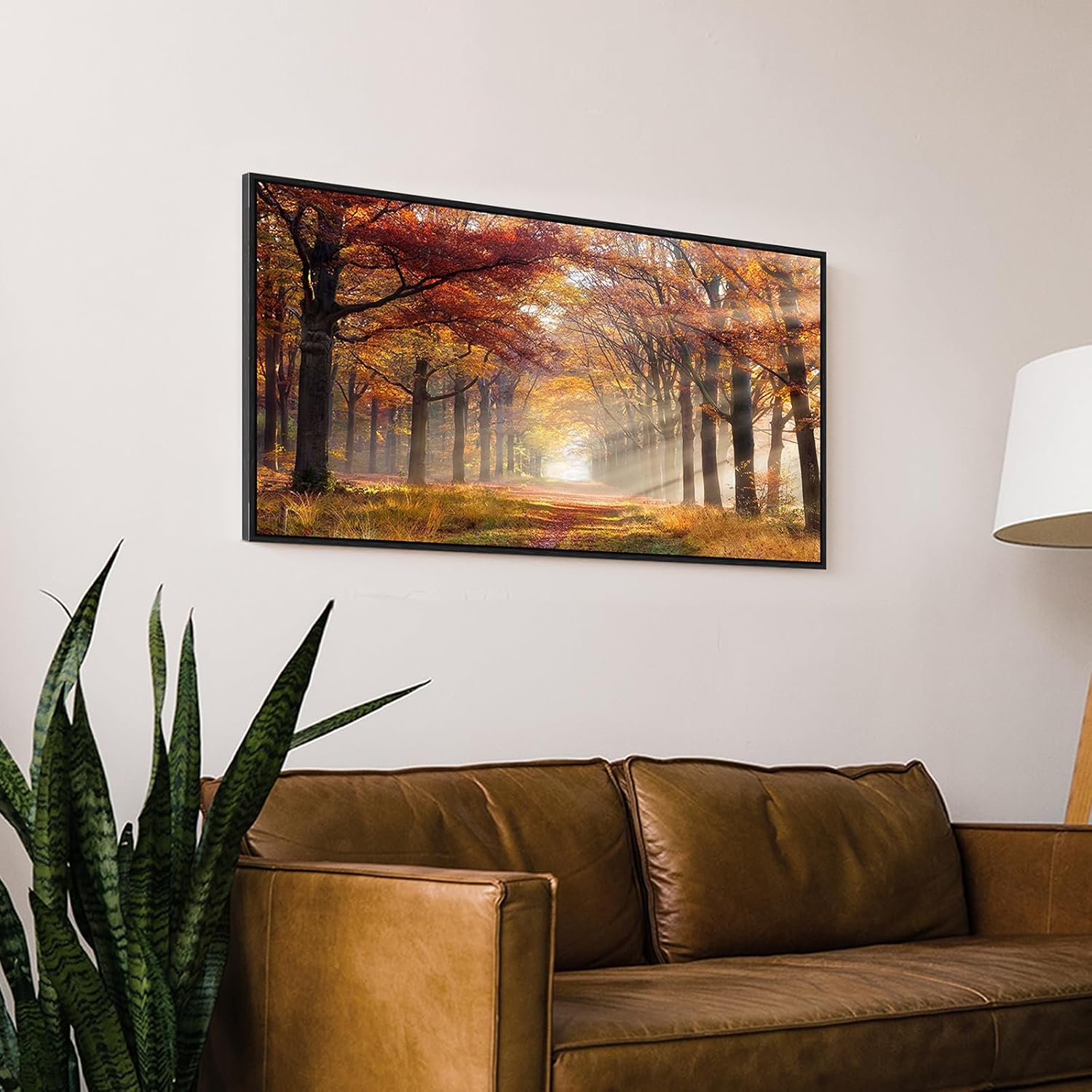 Sunset Forest Framed Wall Art - Yellow Landscape Canvas Picture Woodland Painting Nature Tree Scenery Artwork Prints for Bedroom Living Room