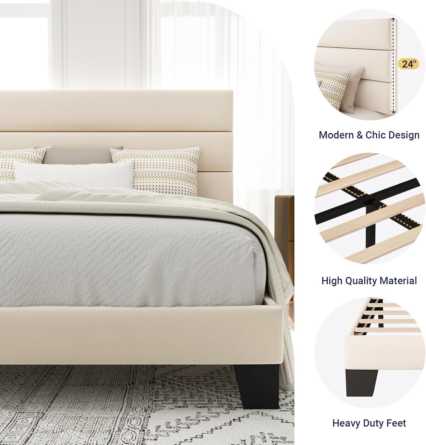 Allewie Queen Size Platform Bed Frame with Velvet Upholstered Headboard and Wooden Slats Support, Fully Upholstered Mattress Foundation/No Box Spring Needed/Easy Assembly, Cream