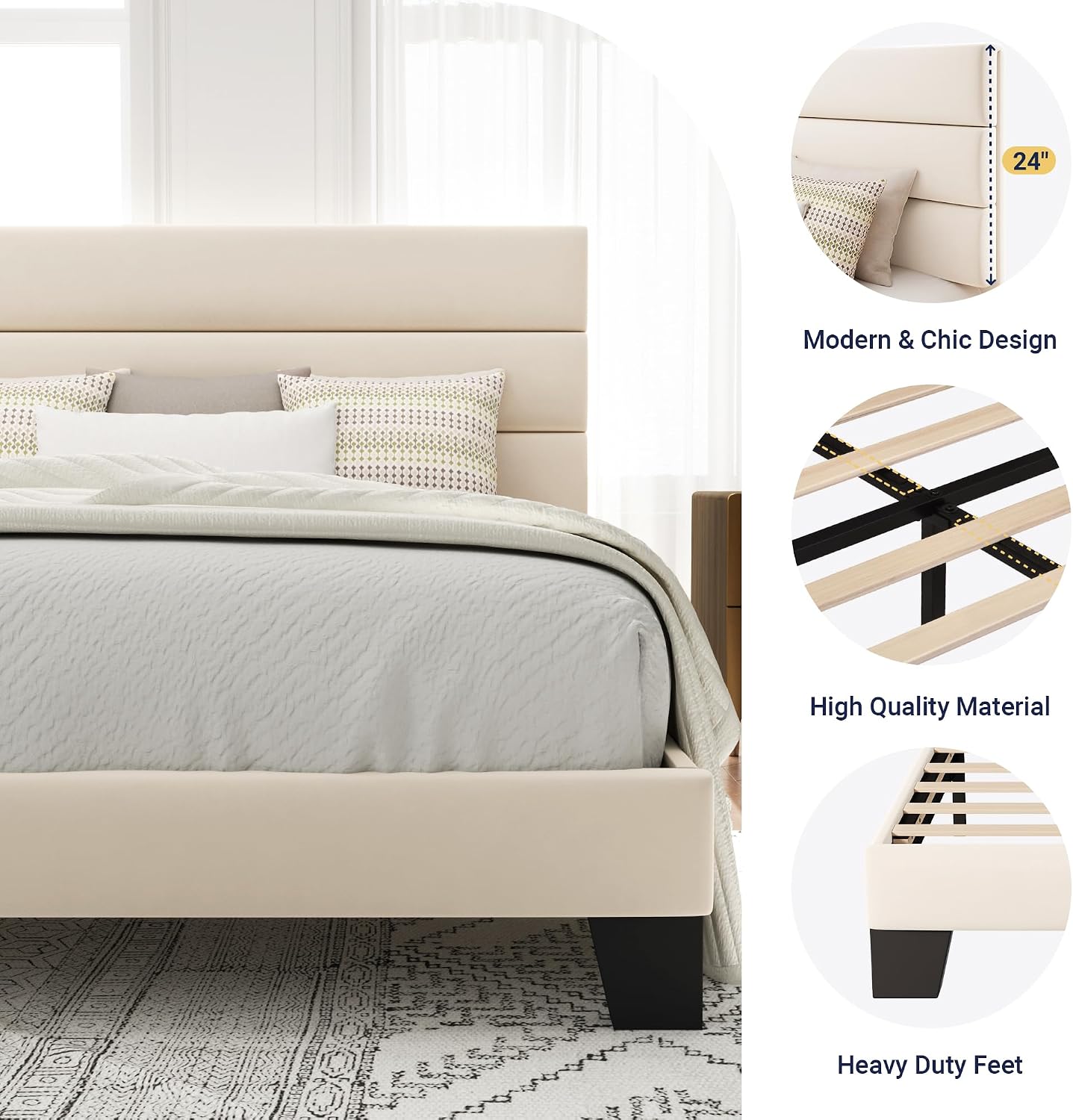 Allewie King Size Platform Bed Frame with Velvet Upholstered Headboard and Wooden Slats Support, Fully Upholstered Mattress Foundation/No Box Spring Needed/Easy Assembly, Cream