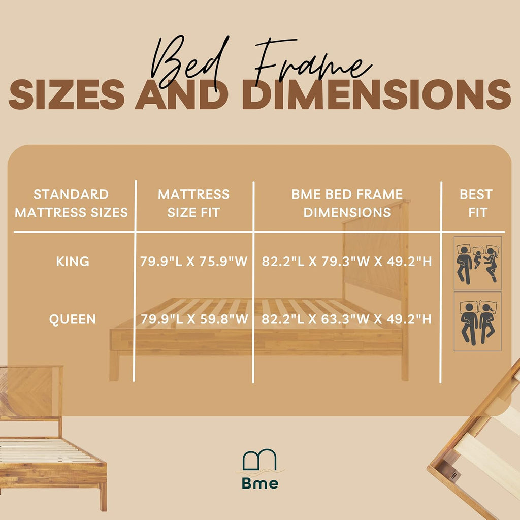 Bme Vivian 14 Inch Deluxe Bed Frame with Headboard, Rustic & Scandinavian Style with Solid Acacia Wood, No Box Spring Needed, 12 Strong Wood Slat Support, Easy Assembly, Queen, Rustic Golden Brown