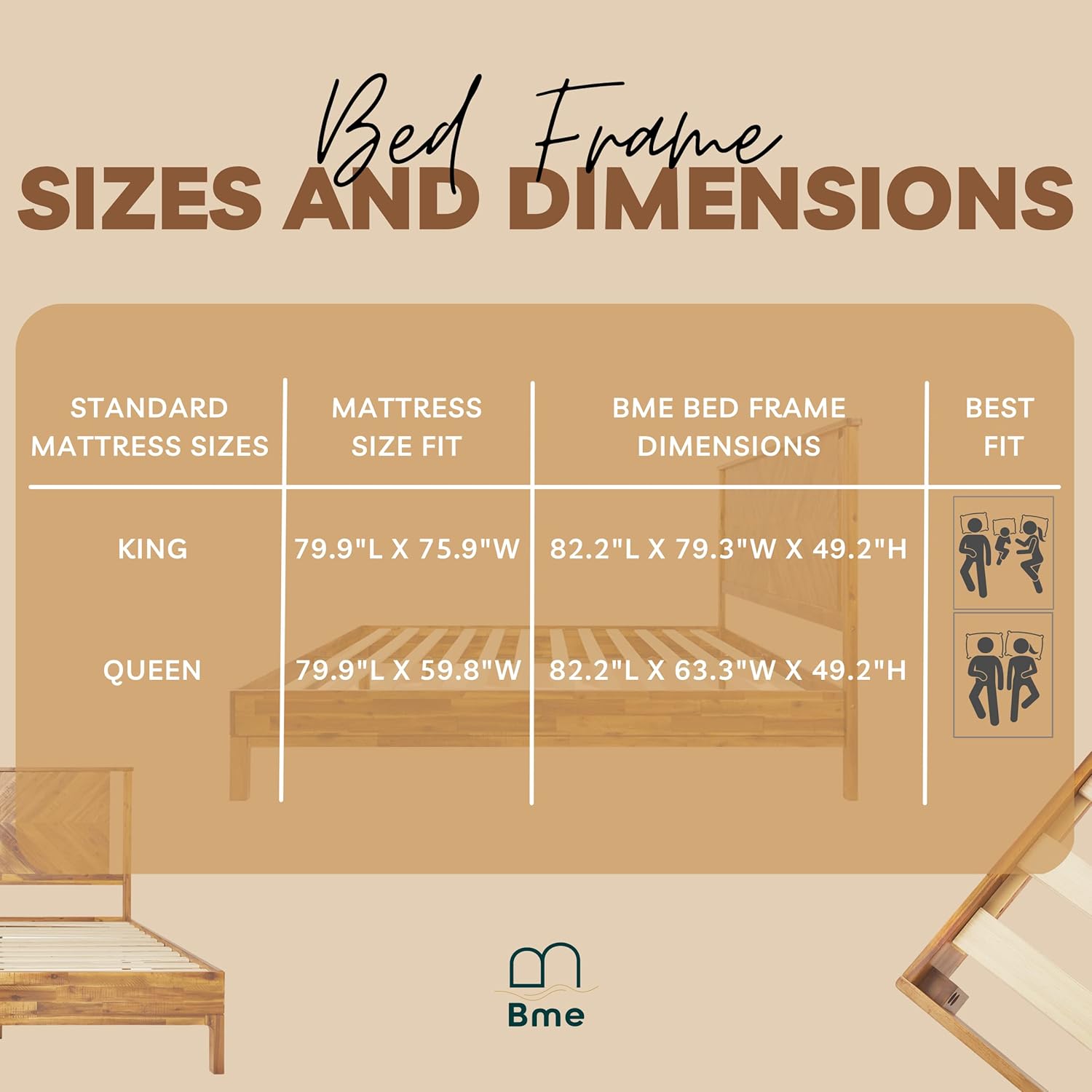 Bme Vivian 14 Inch Deluxe Bed Frame with Headboard, Rustic & Scandinavian Style with Solid Acacia Wood, No Box Spring Needed, 12 Strong Wood Slat Support, Easy Assembly, Queen, Rustic Golden Brown