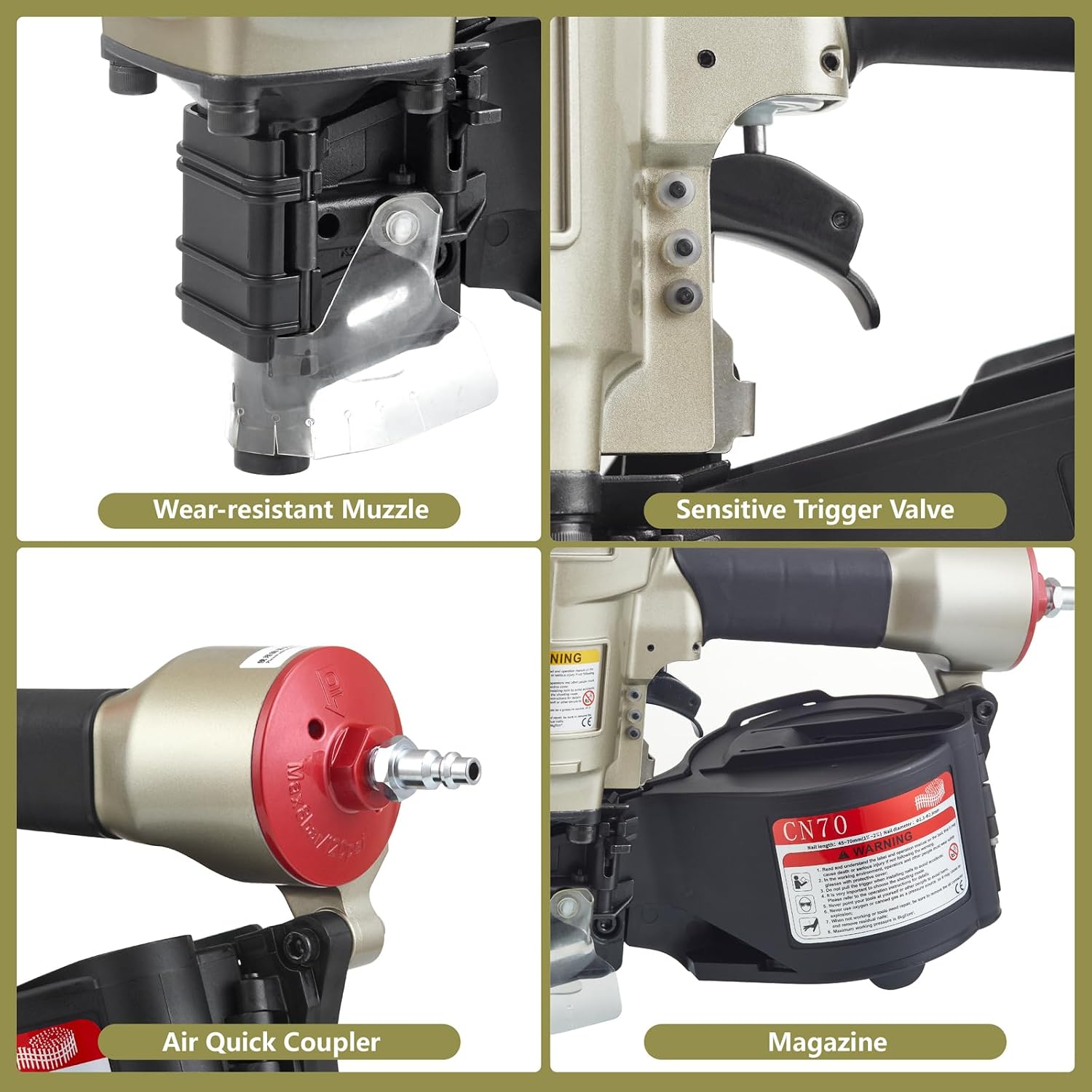Maxparts Coil Nailer CN70, 1-3/4-Inch to 2-3/4-Inch Pneumatic Siding Nailer, Air Coil Nailer with Rapid Shooting Engine for Roof, Crating, Framing, Fencing and Pallet