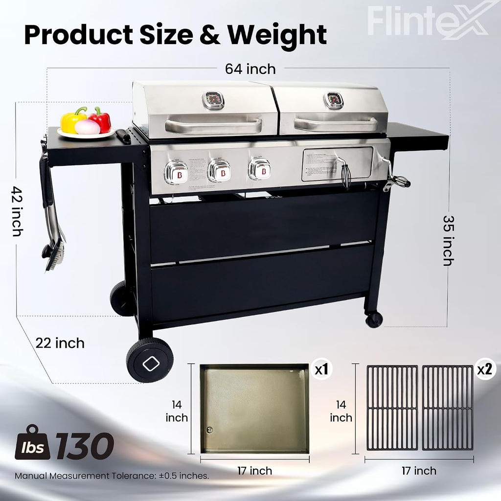 Flintex Gas and Charcoal Grill Combo with Griddle, Propane Grill Griddle Combo with Dual Fuel BBQ System, 720 sq.in. Cooking Area, Porcelain-Enameled Cast Iron Grates and Pan