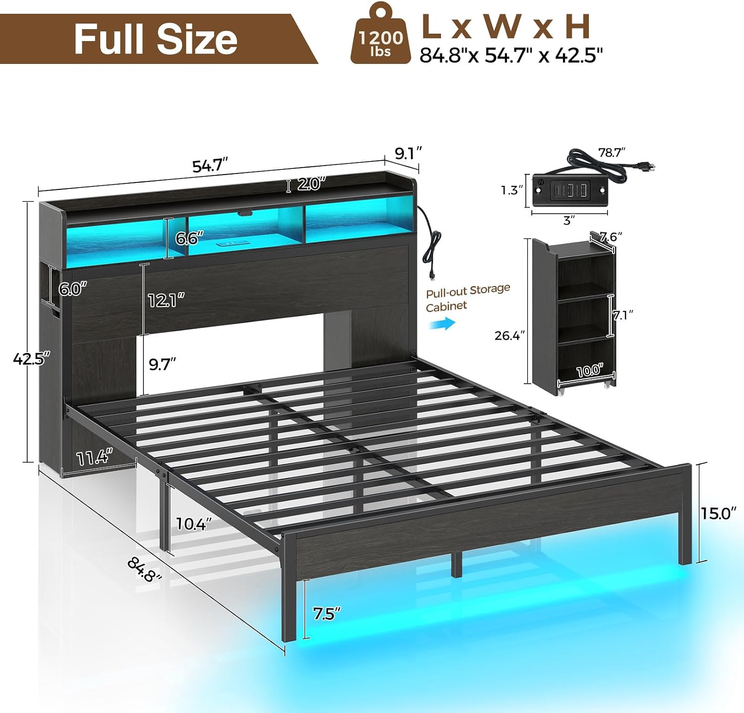 Rolanstar Full Size Bed Frame with Bookcase Storage Headboard, Slide Out Bedside Storage, Bed with Charging Station & LED Lights, Heavy Duty Metal Slats, No Box Spring Needed, Noise Free, Black