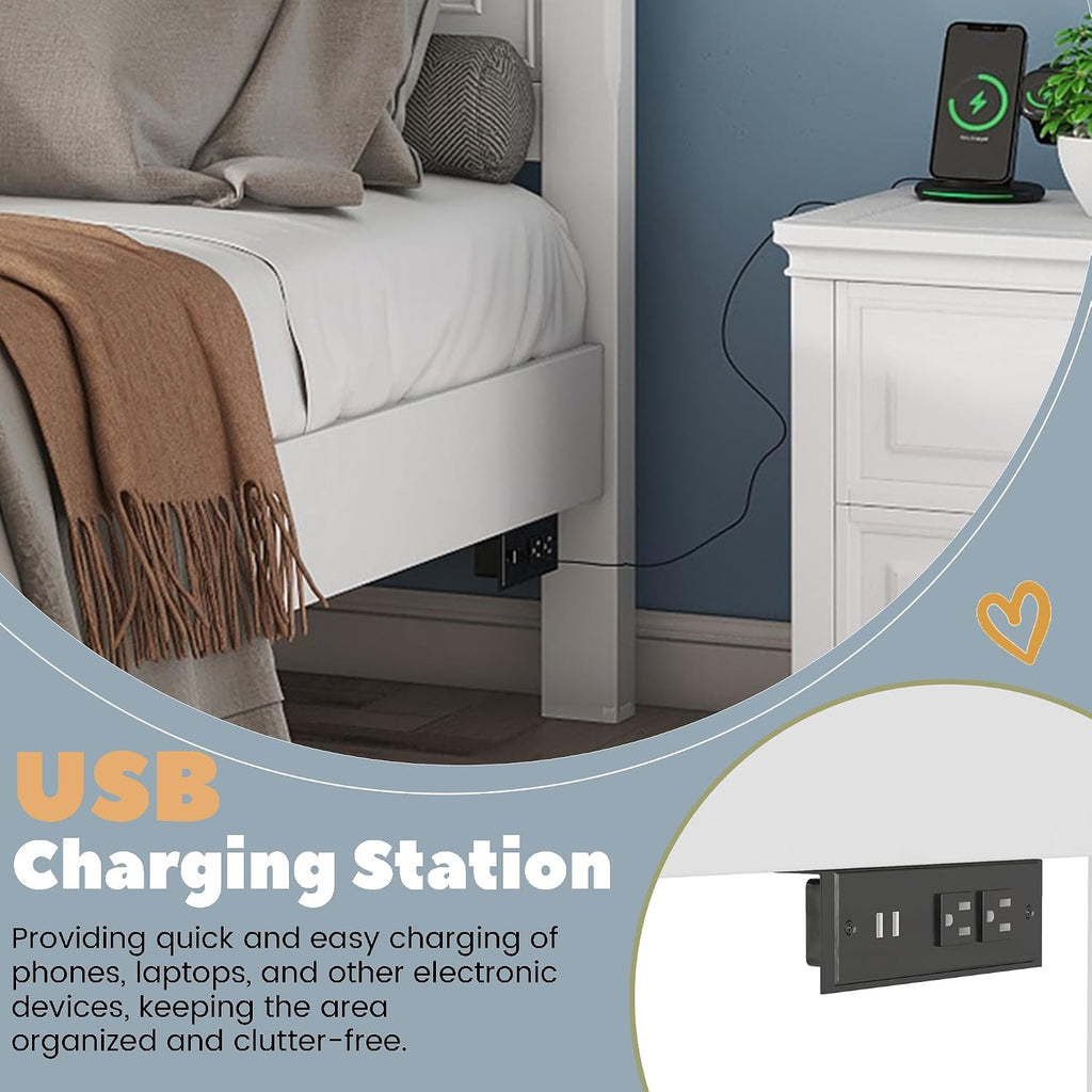 Wood Bed Frame King with Tall Headboard & Footboard, Traditional King Panel Bed with USB Charging Station for Bedroom, Guest Room, Easy Assembly, No Box Spring Required,White