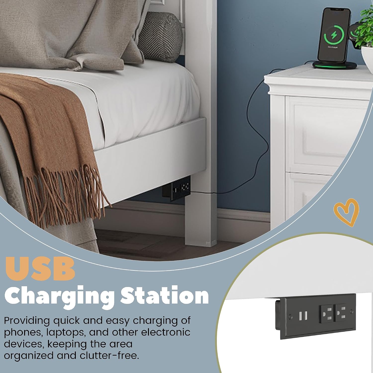Wood Bed Frame King with Tall Headboard & Footboard, Traditional King Panel Bed with USB Charging Station for Bedroom, Guest Room, Easy Assembly, No Box Spring Required,White