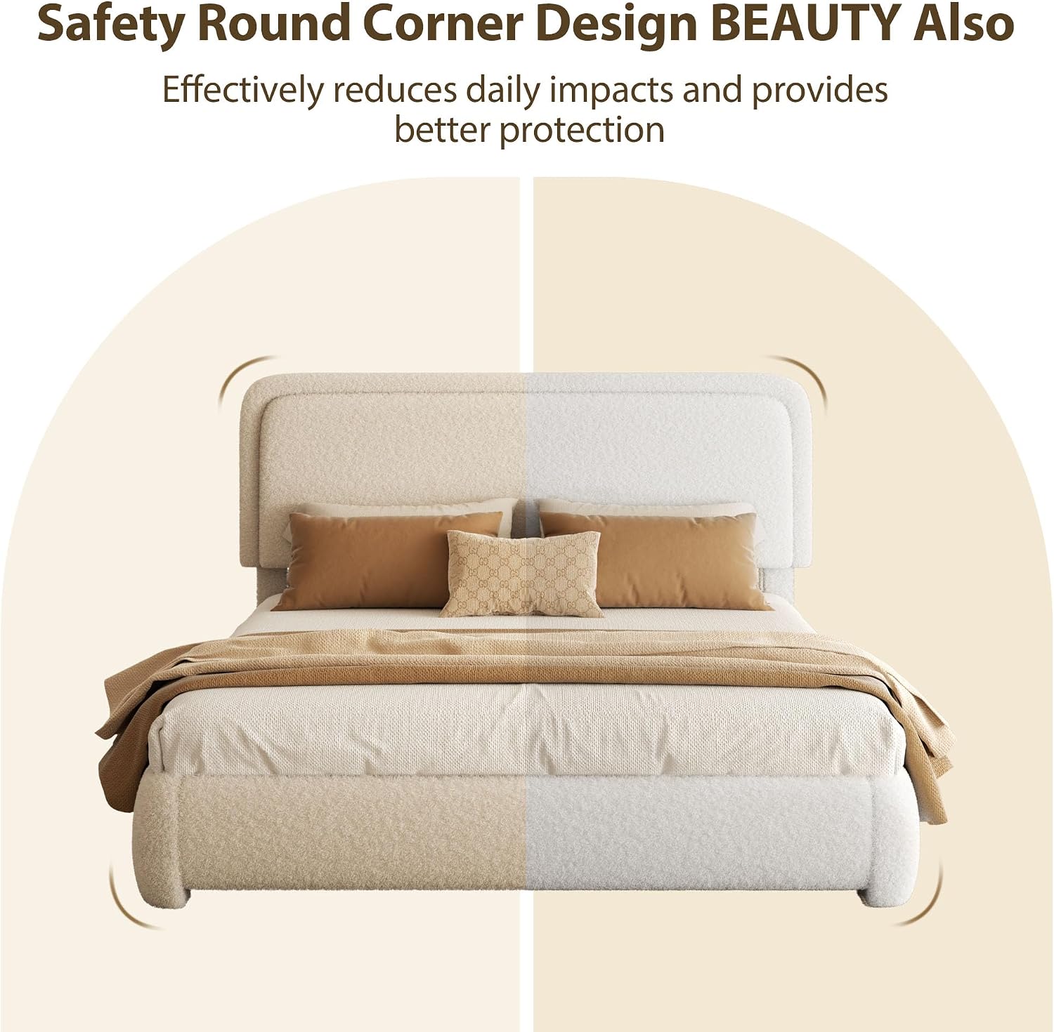 Full Bed Frame, Teddy Velvet Boucle Bed Frame with 43.3'/45.3' Adjustable Upholstered Headboard, Rounded Corners, Mattress Foundation, No Box Spring Required, Beige
