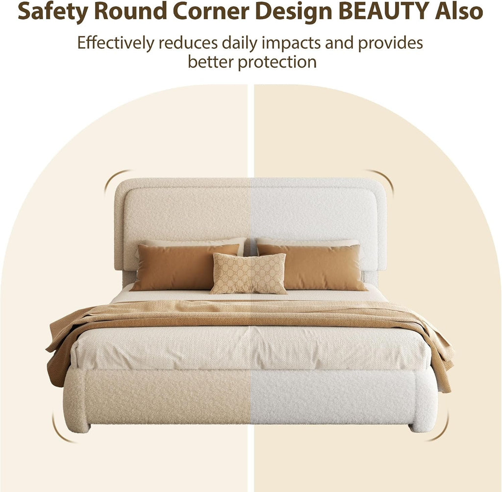 King Bed Frame, Teddy Velvet Boucle Bed Frame with 43.3'/45.3' Adjustable Upholstered Headboard, Rounded Corners, Mattress Foundation, No Box Spring Required, Beige