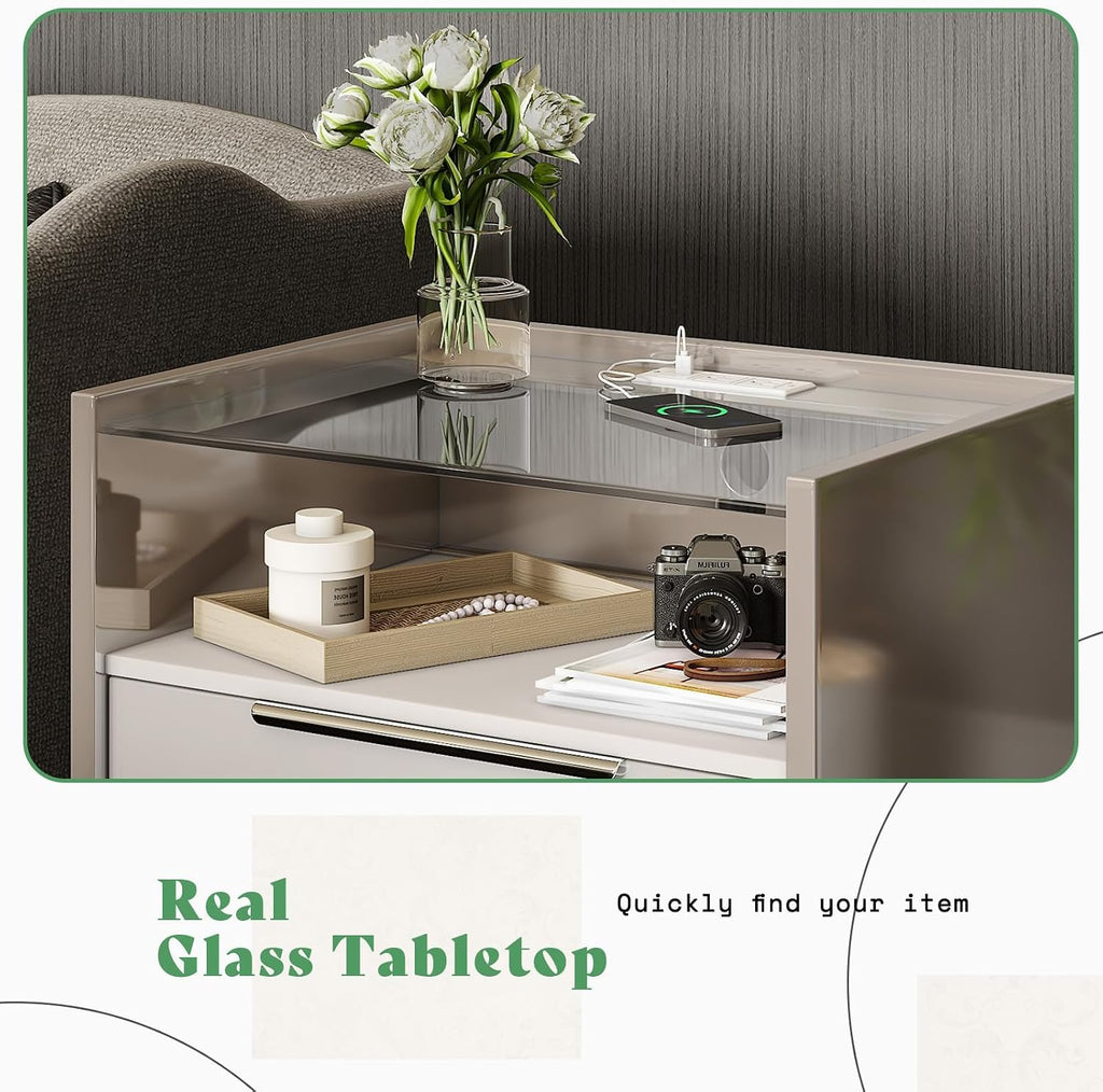 AMERLIFE Nightstand Set of 2, 23.6' High Gloss End Table with Glass Tabletop, Modern Bedside Table with Charging Station, 2 Drawers Nightstand for Bedroom, Cream & Gray