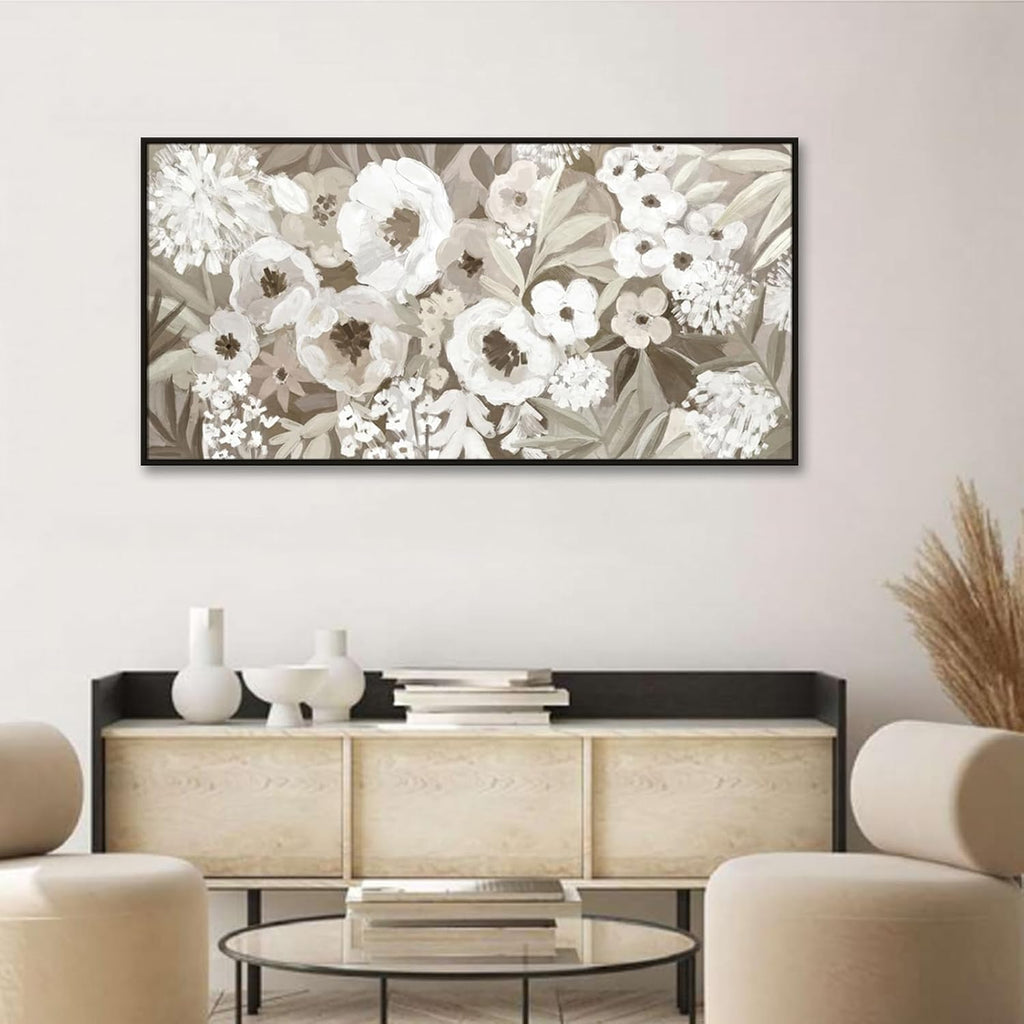 Framed Floral Canvas Wall Art, Gray and White Flowers Artwork For Living Room Bedroom Office Decor, 24 x 48 Inch