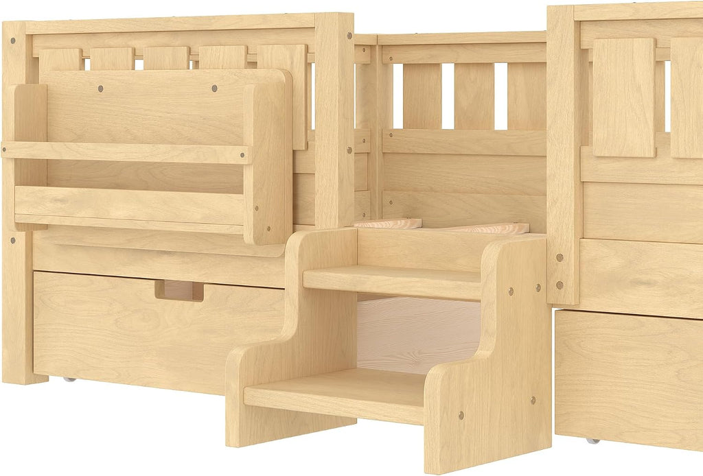 Bellemave Twin Floor Bed with Stairs, Rails and Slats, Twin Size Montessori Floor Bed with Bookshelf and 2 Storage Drawers, Easy Assemble Montessori Beds Frame for Girls, Boys, Light Natural