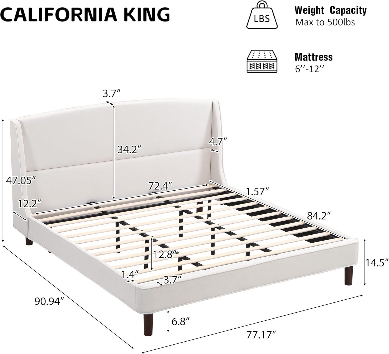Christopher Knight Home Cordo California King Size Bed Set, Upholstered Platform Bed with Wingback Headboard, Solid Wooden Slats Panel Support, No Box Spring Needed, Easy Assembly, Beige
