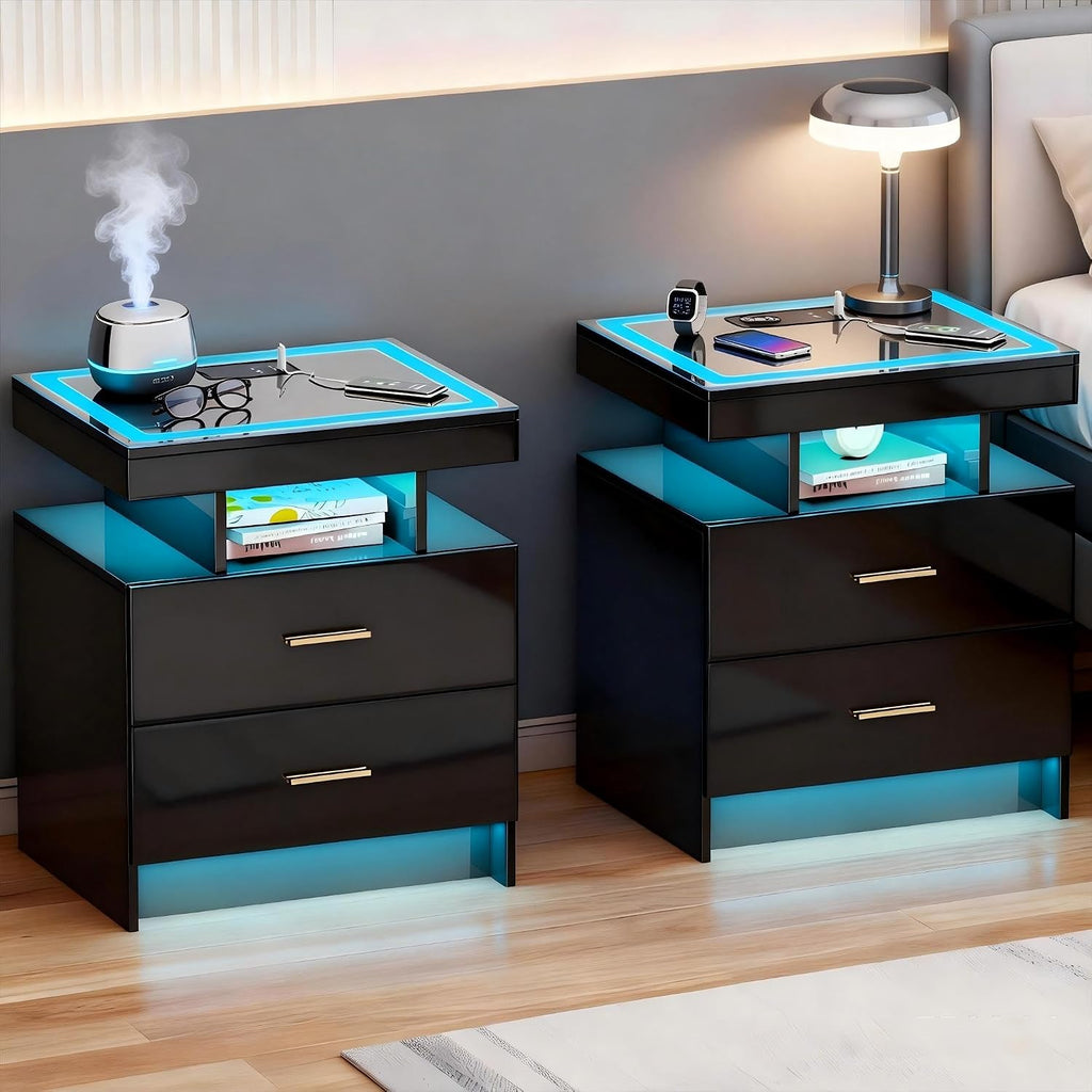 Smart LED Nightstand Set of 2 - with - Modern Night Stand with Wireless Charging Station, Glass Top Bedside Table with Drawers for Bedroom, Glossy End Table with Human Body Induction (Black)