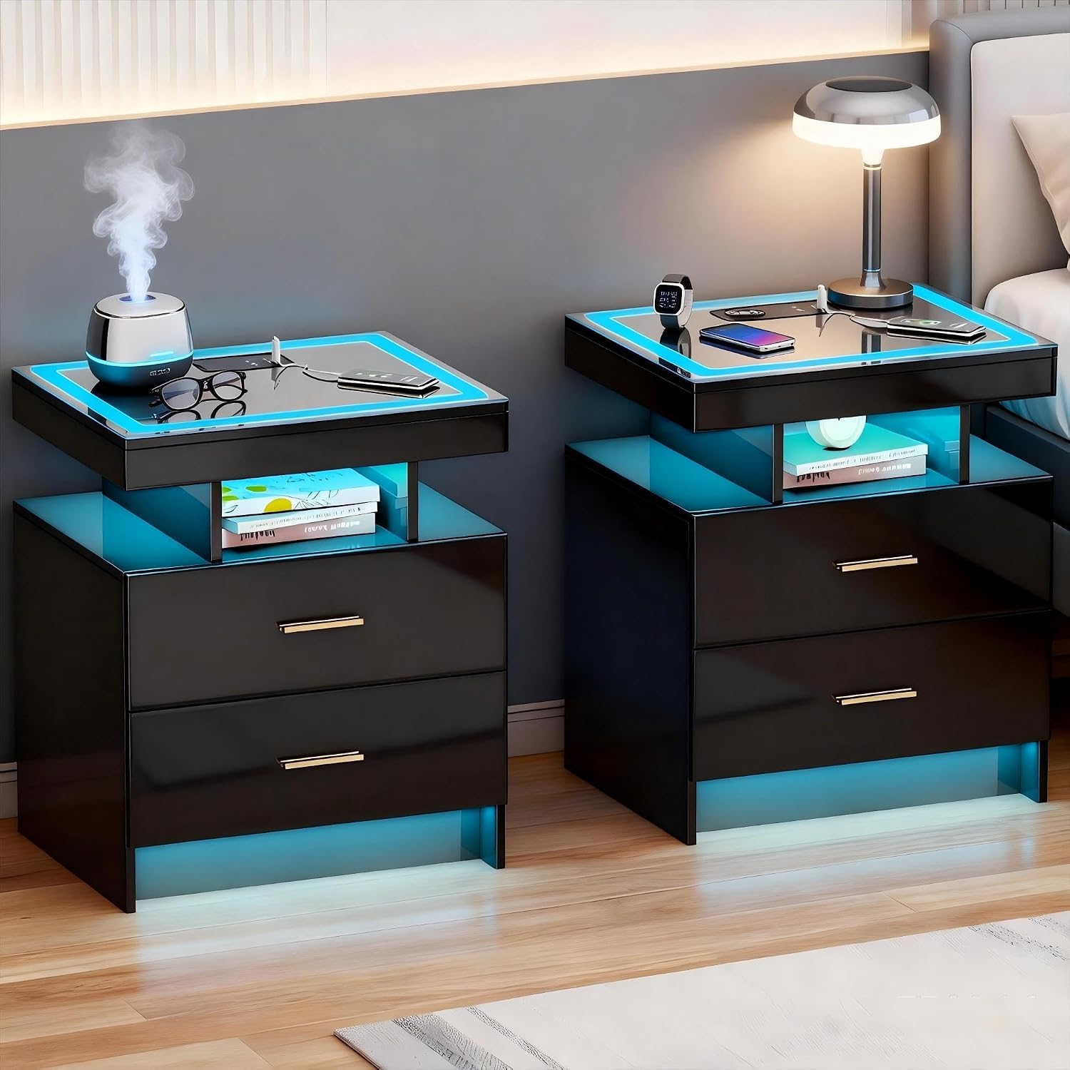 Smart LED Nightstand Set of 2 - with - Modern Night Stand with Wireless Charging Station, Glass Top Bedside Table with Drawers for Bedroom, Glossy End Table with Human Body Induction (Black)