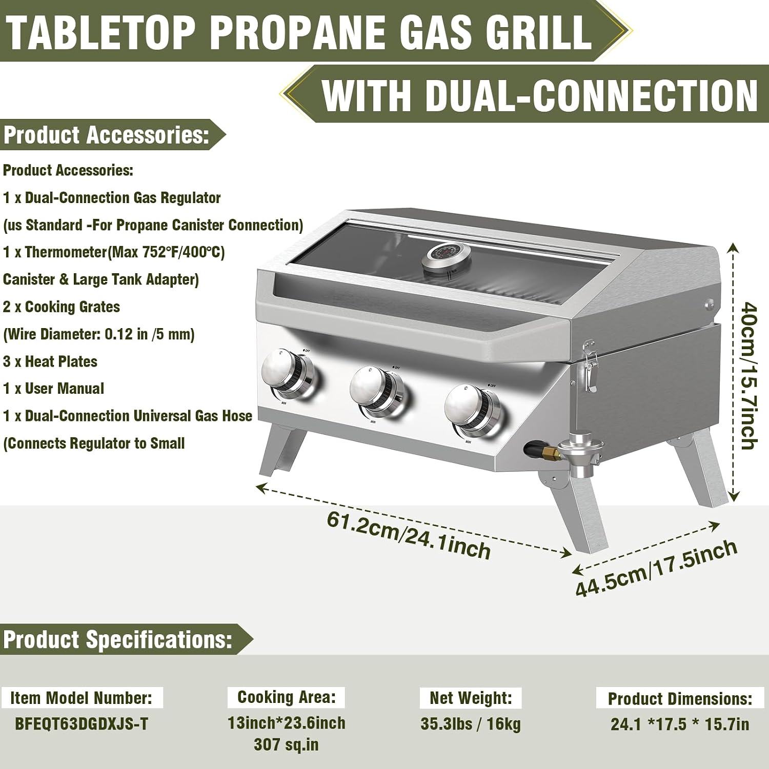BESTFIRE Portable Propane Grill, 3-Burner Tabletop Gas Grill with 2-in-1 Connection for 1lb/20lb Tanks, 30,000 BTU Stainless Steel BBQ with Observation Window & Thermometer for Outdoor, Tailgating