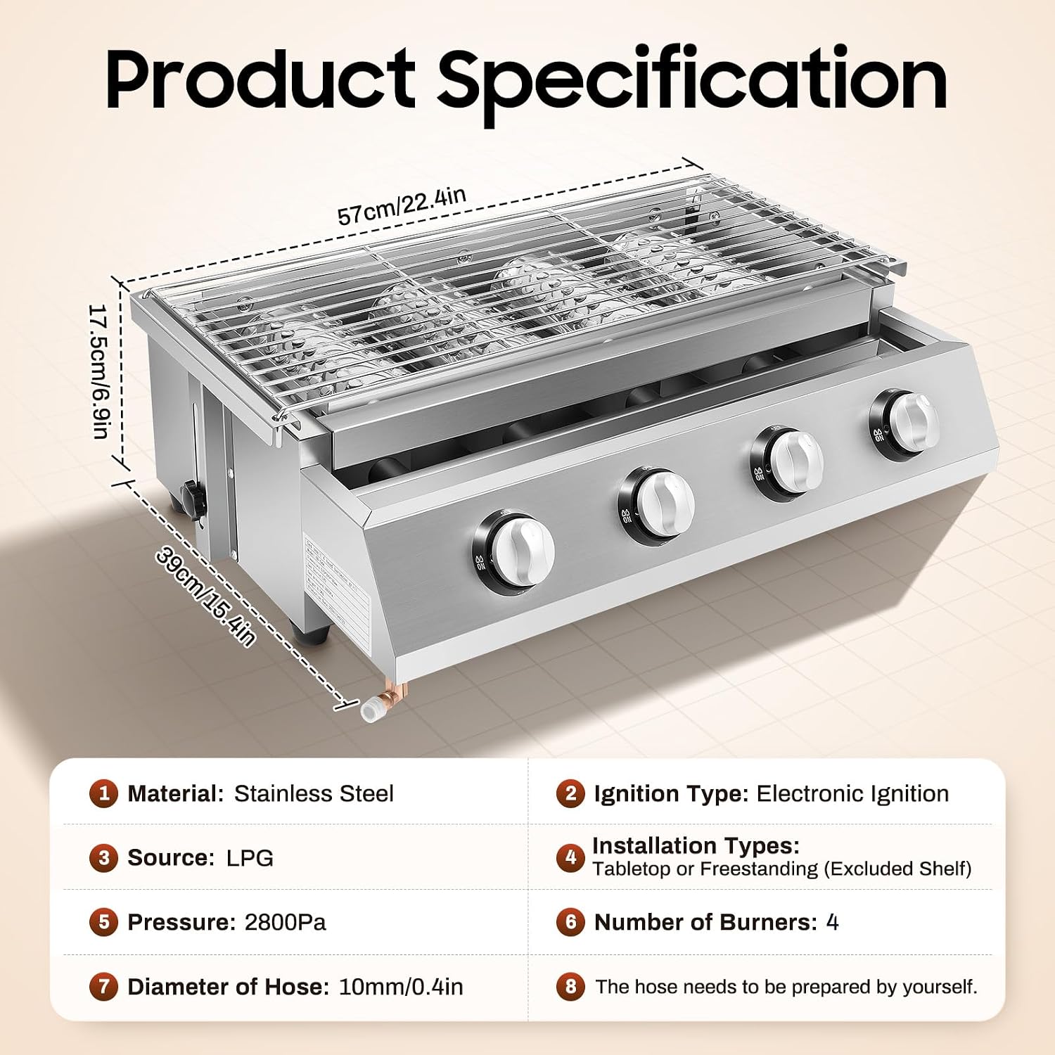 4 Burner Flat Top Gas Griddle,Portable Propane Griddle with Electronic Ignition,Tabletop Gas Grill for Outdoor Camping Cooking BBQ,Adjustable Grille Height