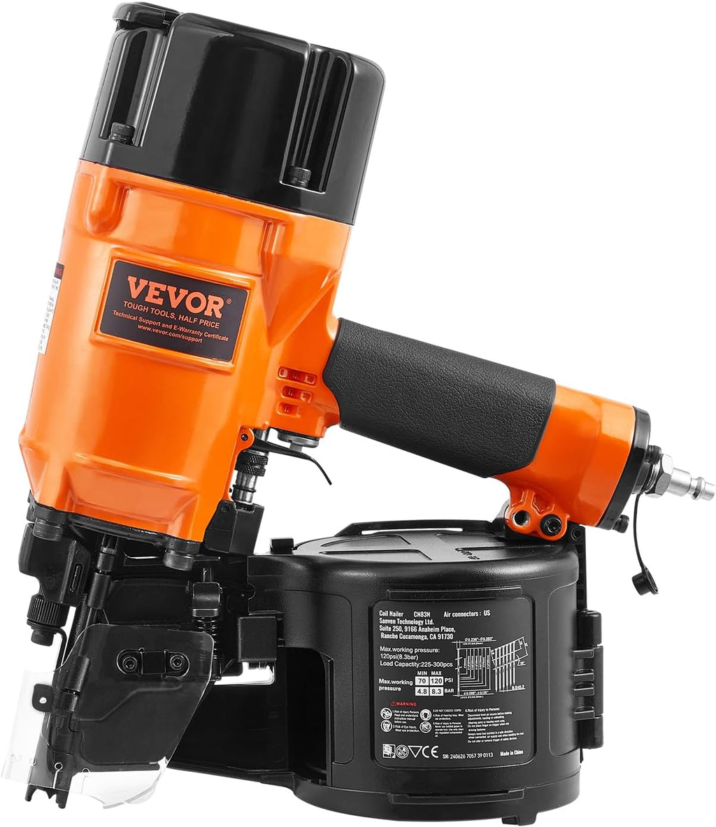 VEVOR Coil Siding/Framing Nailer CN83N, 2' to 3-1/4' 15 Degree Pneumatic Siding Nail Gun with Tool-Less Depth Adjustment, 70-120PSI Air Coil Nailer for Siding Sheathing Wooding Fencing Decking