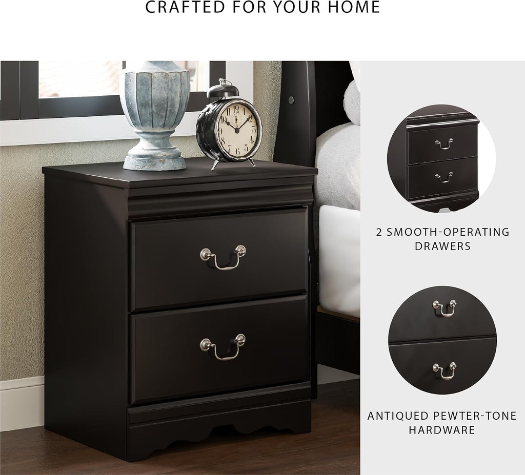 Signature Design by Ashley Huey Vineyard Traditional 2 Drawer Nightstand, Louis Phillippe Styling, Pewter Colored Handles, Shapely Mouldings, Smooth Operating Drawers, 24.45' Tall, Black
