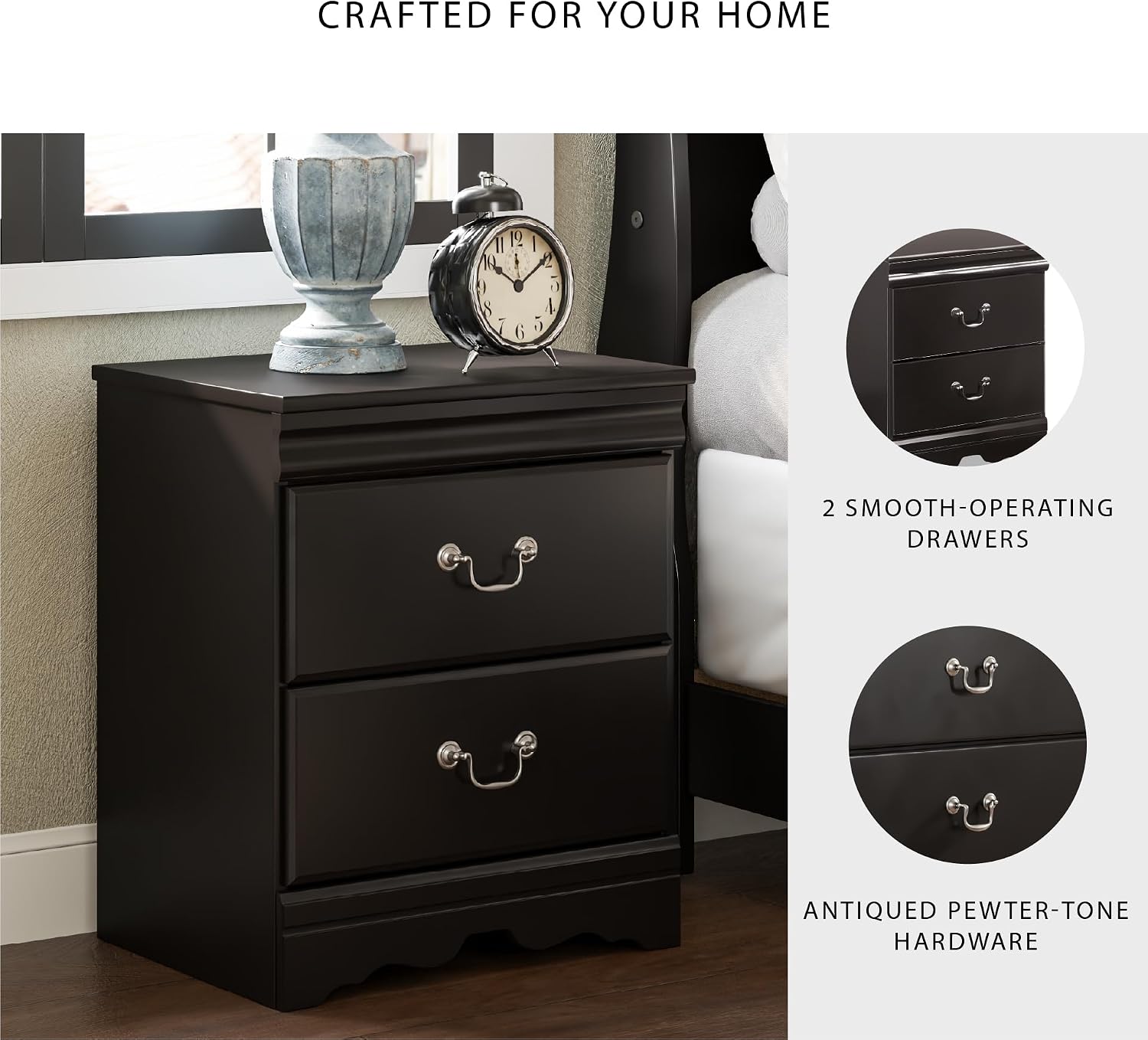 Signature Design by Ashley Huey Vineyard Traditional 2 Drawer Nightstand, Louis Phillippe Styling, Pewter Colored Handles, Shapely Mouldings, Smooth Operating Drawers, 24.45' Tall, Black