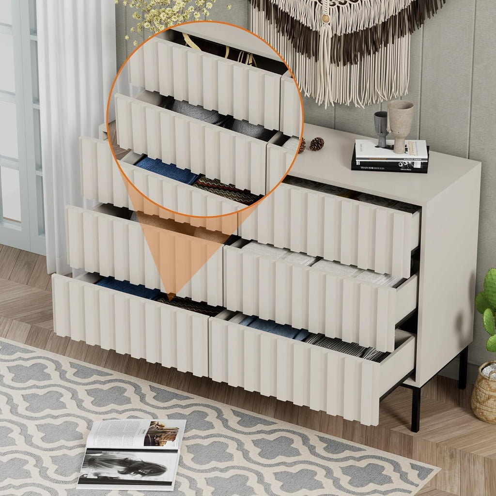 UEV 3 Piece Dresser and Nightstand Sets for Bedroom, 47' Wide 6 Drawer Dresser & Nightstand Set of 2, Mid Century Modern Fluted Wooden Dressers Set, Bedroom Furniture Set (Milkly White)