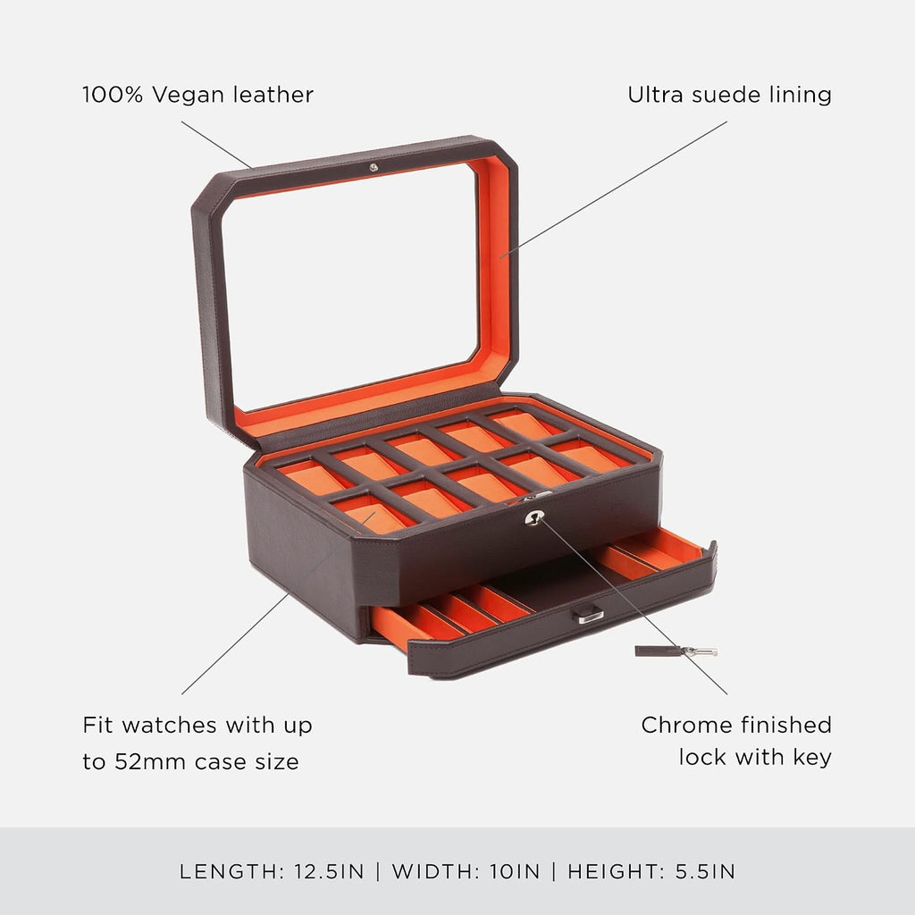 WOLF Windsor 10-Piece Watch Box with Drawer, Brown/Orange - Features 10 Watch Compartments, Eight Ring Rolls & 17 Jewelry Compartments - Vegan Leather Exterior