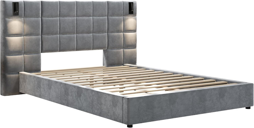 Christopher Knight Home Svens 46' High Headboard Bed, Queen Size Platform Bed Frame, Soft Velvet Bed Frame, Queen Size Headboard, Square Pattern Design with Reading Lamps and USB Ports, Grey