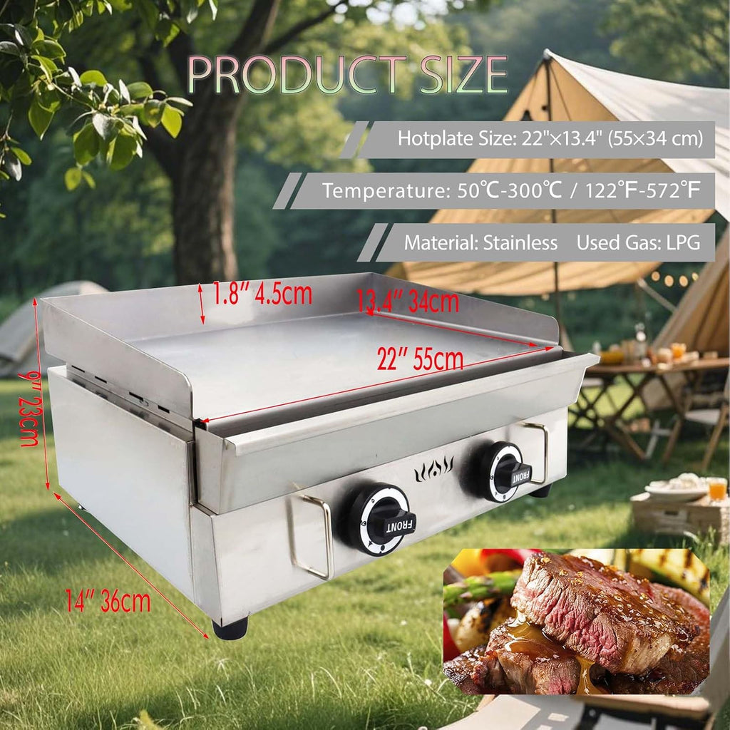 2800Pa 22' x 13.4' Stainless Steel Commercial Home Gas Grill Griddle, LPG Countertop Flat Top Grill with 6MM Thick Steel Plate, Ideal for Camping, Outdoor and Kitchen Use