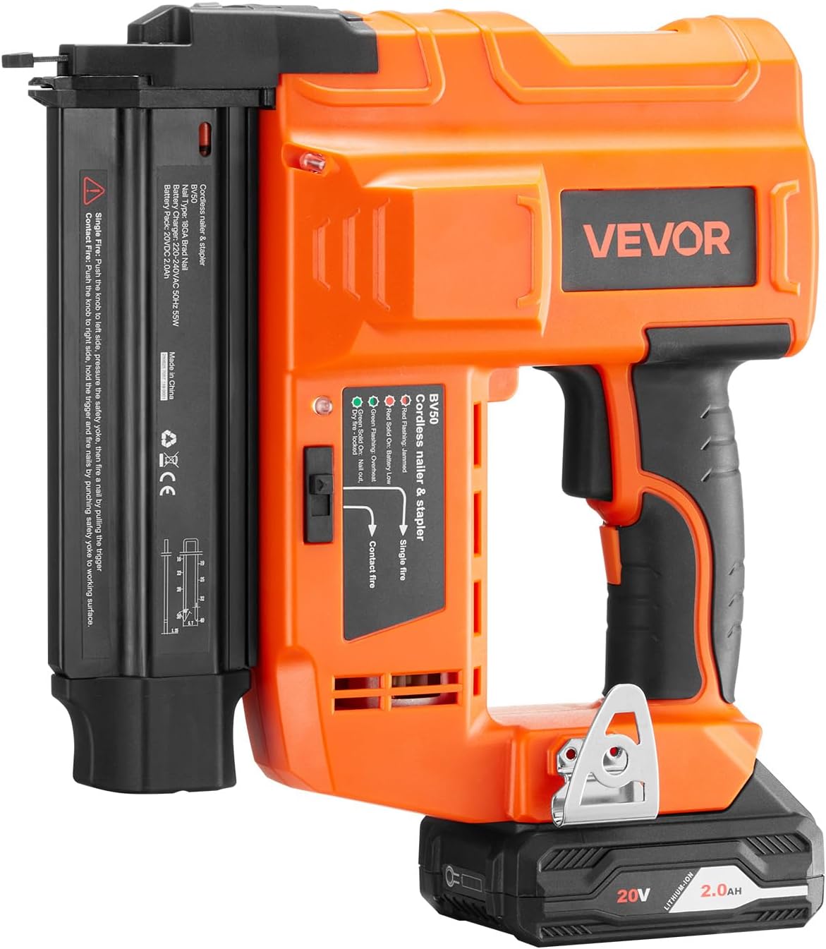 VEVOR Cordless Brad Nailer, 18 Gauge, 20V Battery Powered Nail Gun, with 500 pcs Nails, 2.0 Ah Li-ion Battery and Charger, Adjustable Nailing Depth, for Home Improvement, Woodworking, DIY Project