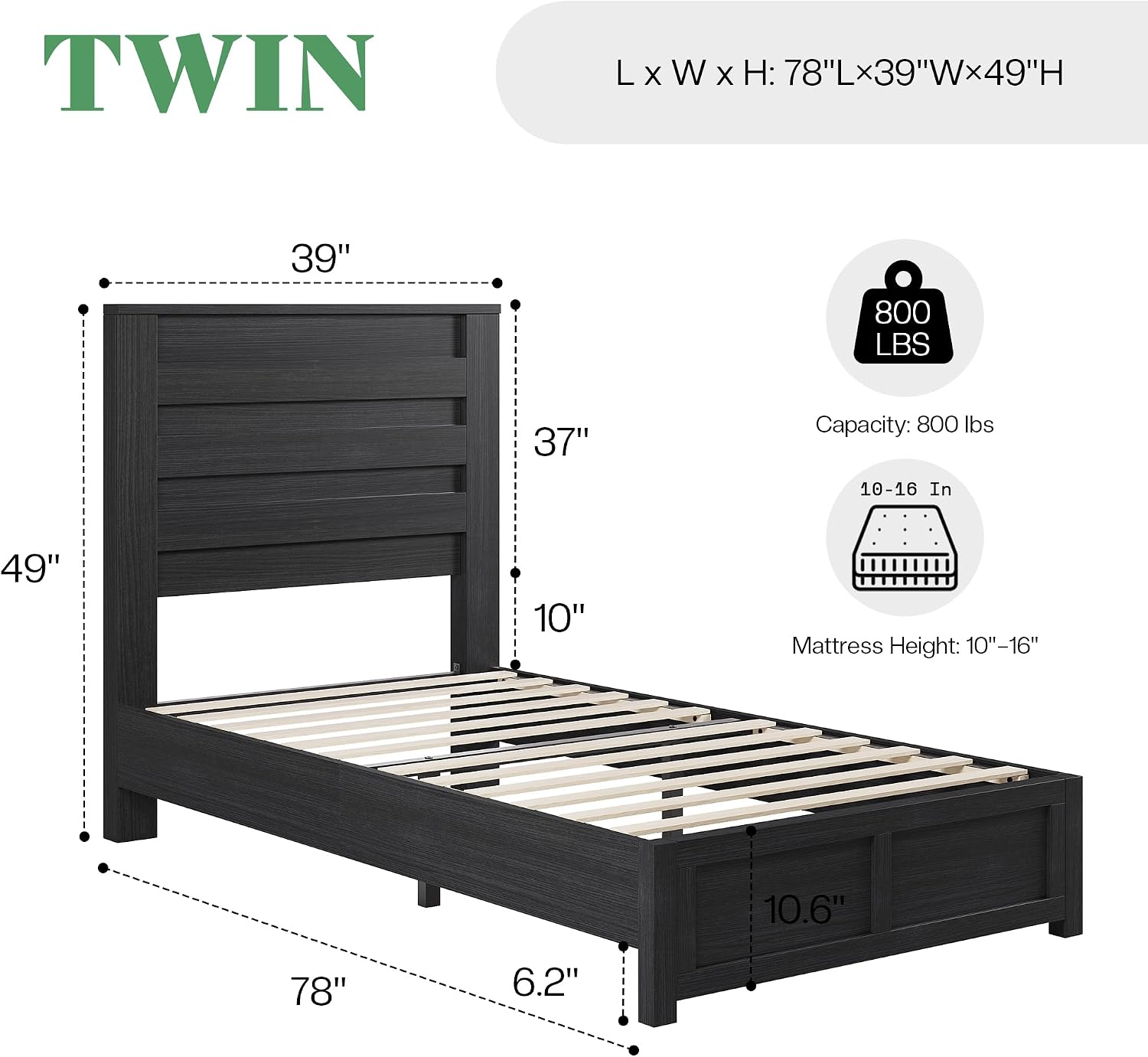 AMERLIFE Farmhouse Twin Bed Frame with 49' Fluted Headboard, Platform Bed with Natural Wood Grain Finish, Noise Free, No Box Spring Needed, Black