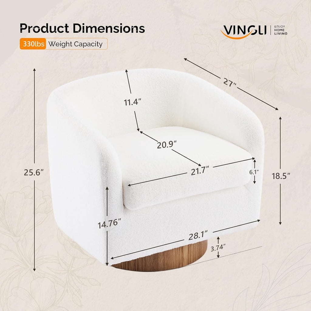 VINGLI 360°Swivel Accent Chair with Engineered Wood Base and Removable Cushion for Living Room, Bedroom, Curved Back Barrel Chair for Small Space, Upholstered Bucket Armchair, Teddy White
