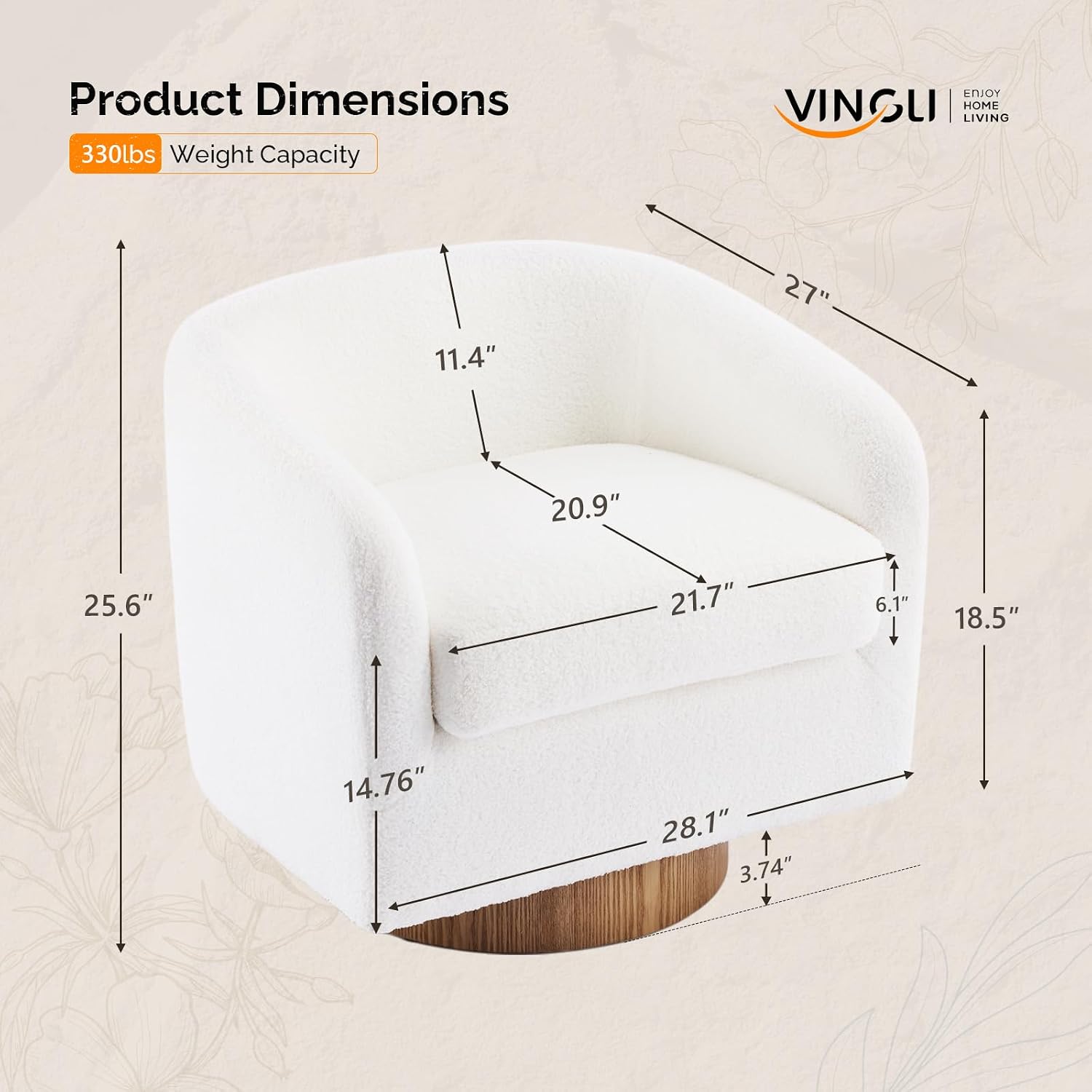 VINGLI 360°Swivel Accent Chair with Engineered Wood Base and Removable Cushion for Living Room, Bedroom, Curved Back Barrel Chair for Small Space, Upholstered Bucket Armchair, Teddy White