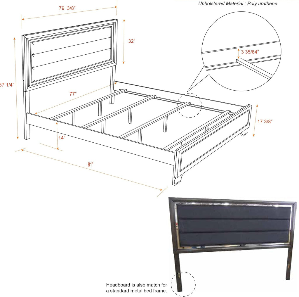 Kings Brand Furniture – 6-Piece Gray Wood with Faux Leather Headboard King Bedroom Set. Bed, Dresser, Mirror, Chest, 2 Night Stands