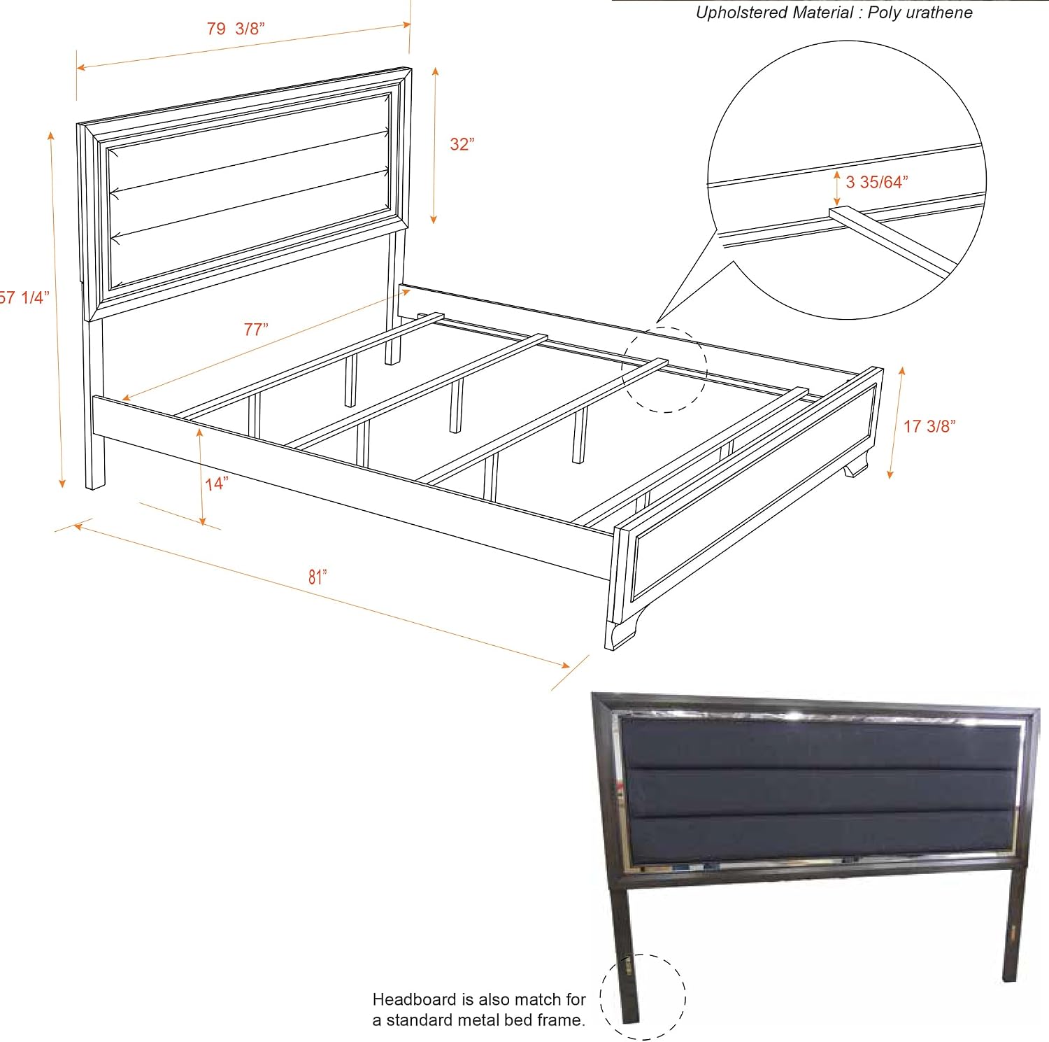 Kings Brand Furniture – 6-Piece Gray Wood with Faux Leather Headboard King Bedroom Set. Bed, Dresser, Mirror, Chest, 2 Night Stands