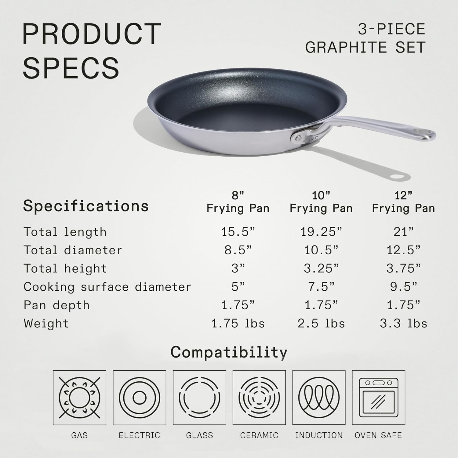 Made In Cookware | ProCoat Non Stick 3 Piece Frying Pan Set (Includes 8', 10', 12') | 5 Ply Stainless Clad | Professional Cookware | Crafted in USA | Induction Compatible | (Graphite)