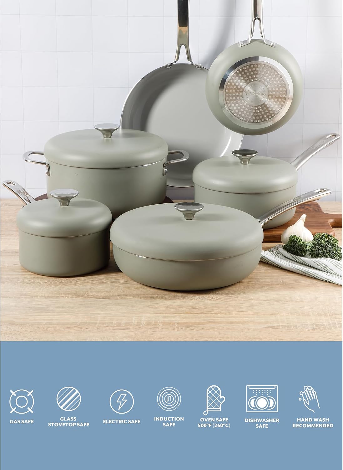 Sur La Table Kitchen Essentials Potluck Porch 10 Piece PFA Free Ceramic Non stick Interior Forged Aluminum Cookware Pots and Pans Set W/Aluminum Lids - Green - Induction Compatible