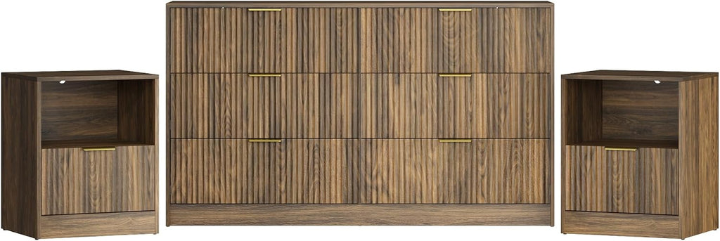 3-Piece Modern Bedroom Furniture Set, Wide 6-Drawer Dresser & 1-Drawer Nightstands Set of 2, Natural Wood Dresser and Nightstand Sets for Bedroom, Hallway, Walnut