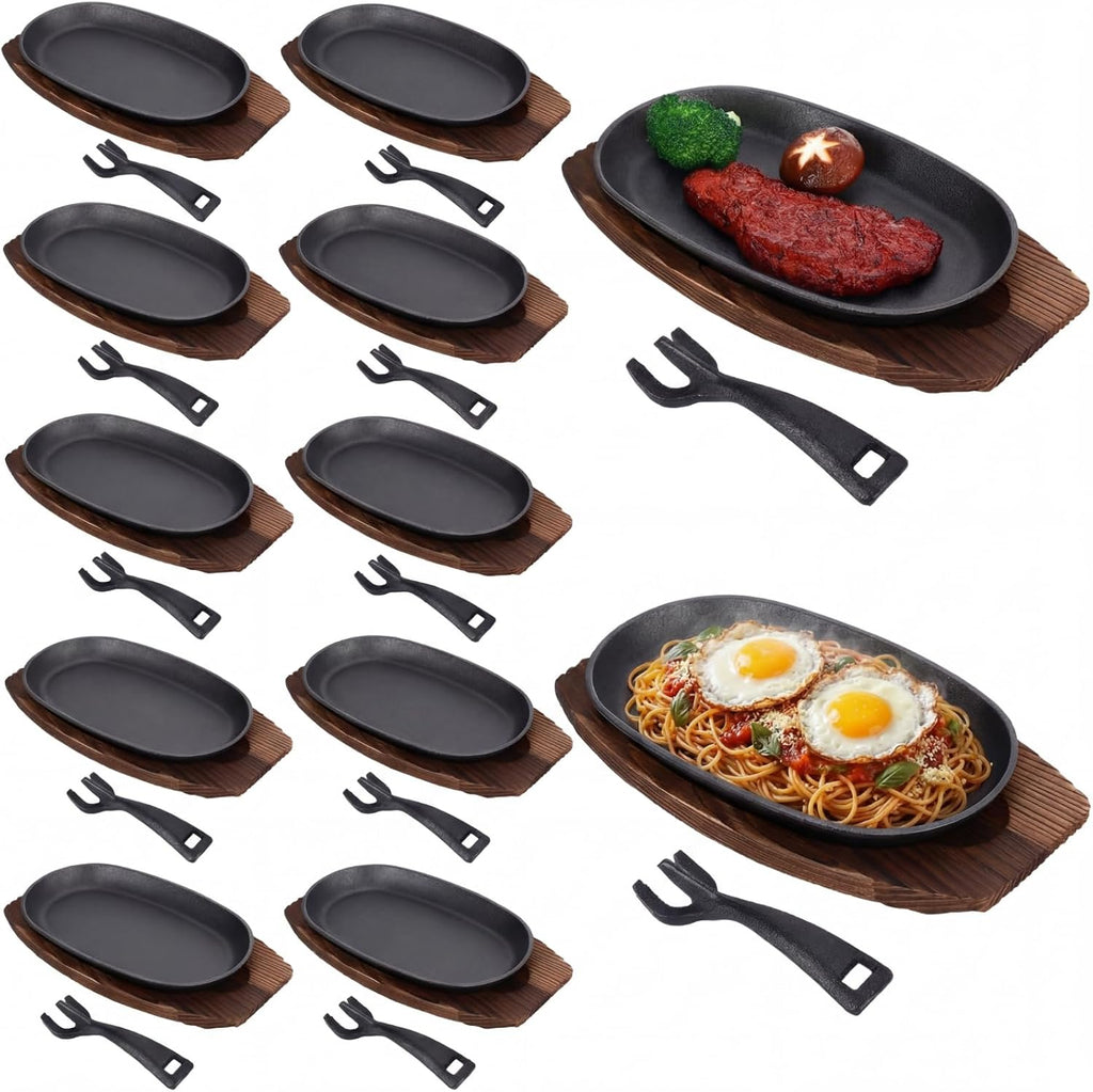 Mifoci 12 Pcs Oval Cast Iron Fajita Skillet Pan Set Small Sizzling Steak Plate with Wooden Base and Handle Cast Iron Fajita Skillet Sizzling Plate for Home Resturant (9.5 in x 5.5 in, Natural Wood)