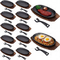 Mifoci 12 Pcs Oval Cast Iron Fajita Skillet Pan Set Small Sizzling Steak Plate with Wooden Base and Handle Cast Iron Fajita Skillet Sizzling Plate for Home Resturant (9.5 in x 5.5 in, Natural Wood)