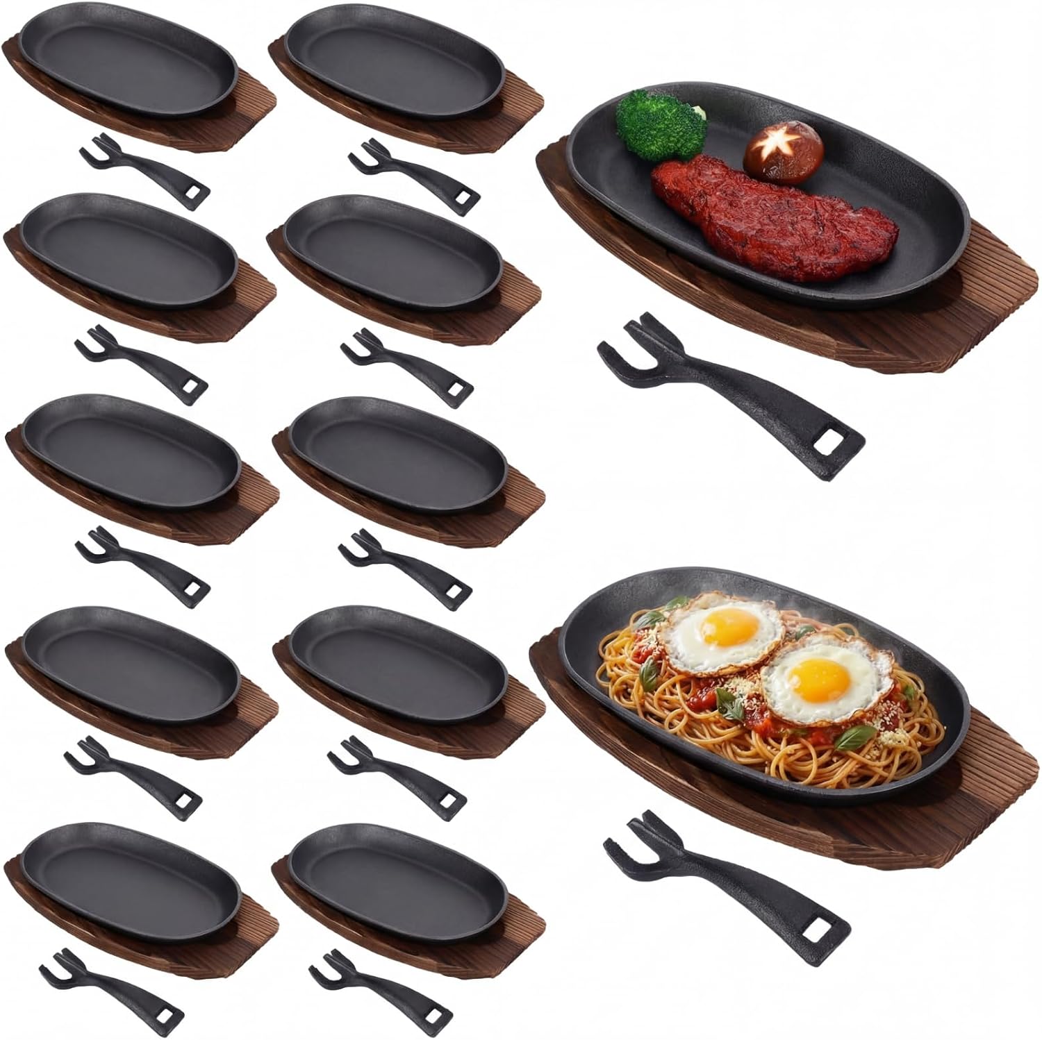 Mifoci 12 Pcs Oval Cast Iron Fajita Skillet Pan Set Small Sizzling Steak Plate with Wooden Base and Handle Cast Iron Fajita Skillet Sizzling Plate for Home Resturant (9.5 in x 5.5 in, Natural Wood)