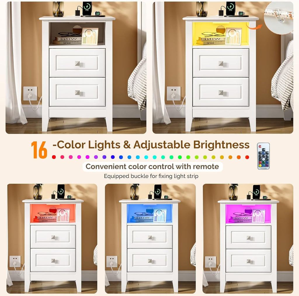 Bonnlo White Nightstand Set of 2 with Charging Station & Led Lights Night Stands White Bedside Table, Wooden Nightstands with Drawers, Modern Nightstand for Bedroom, 15.75' W*13.78' D*23.62' H